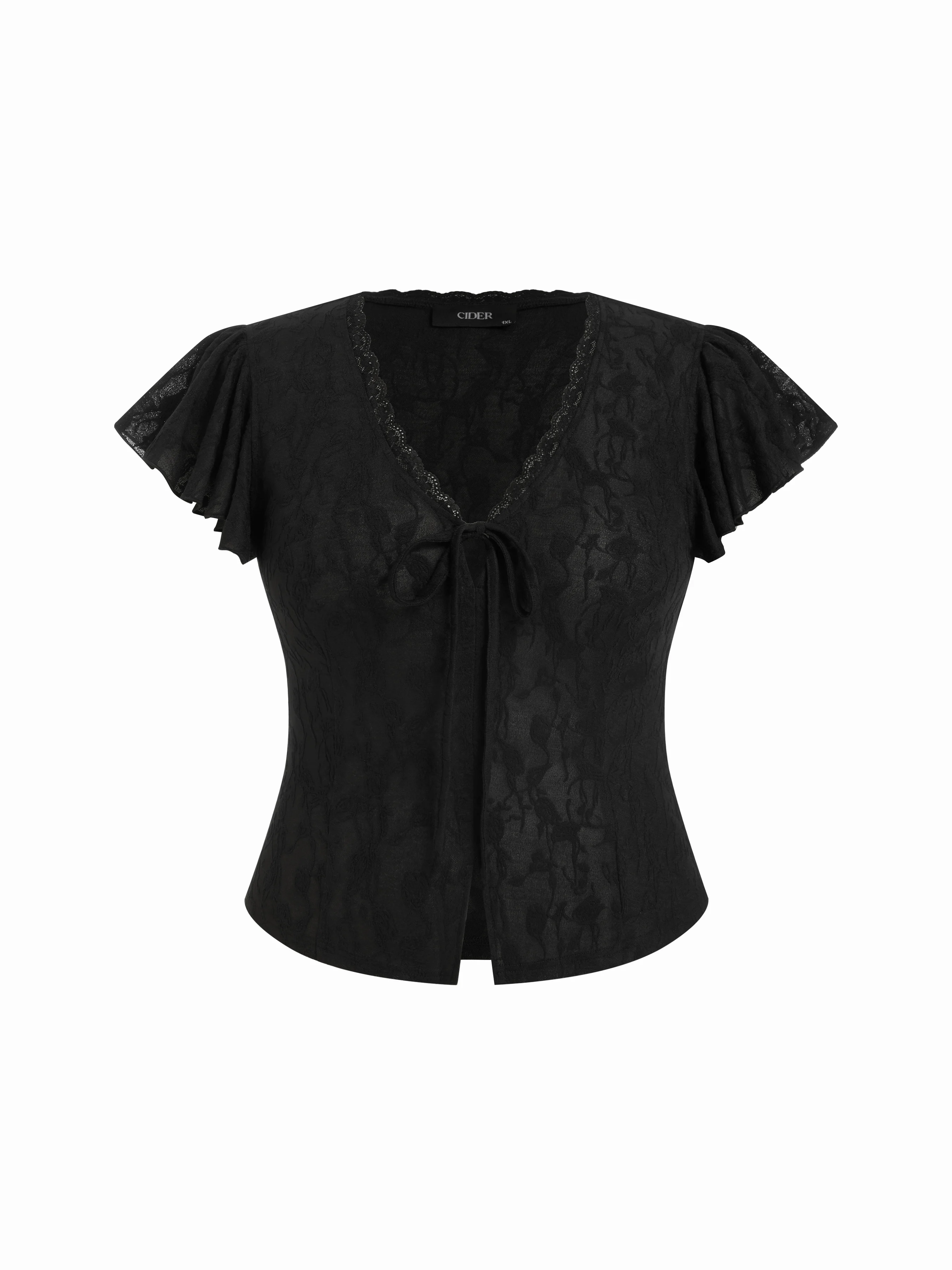 Chiffon V-Neck Ruffle Sleeve Lace Panel Top Curve & Plus