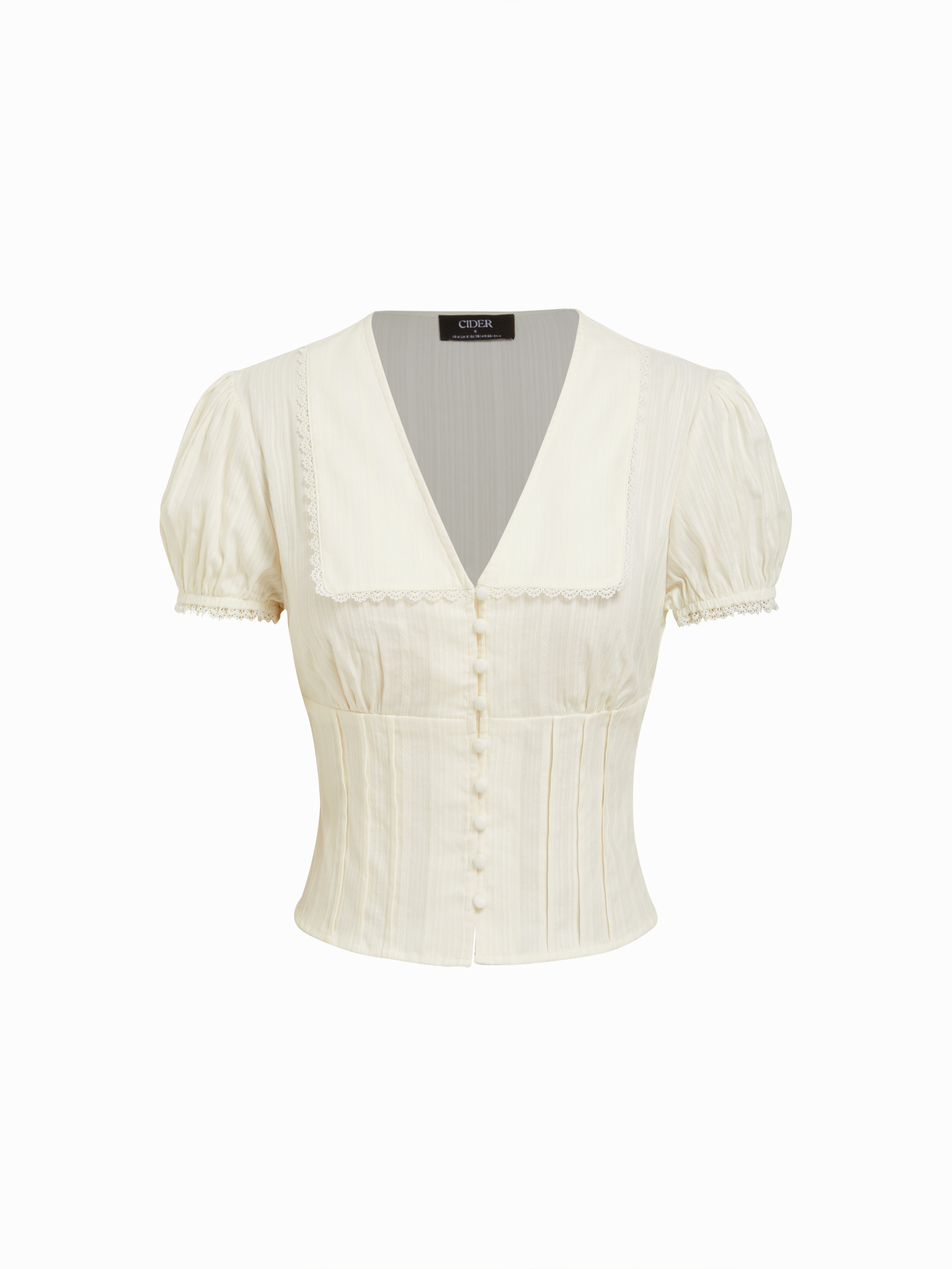 Cotton-blend Textured Lace Trim Puff Sleeve Blouse