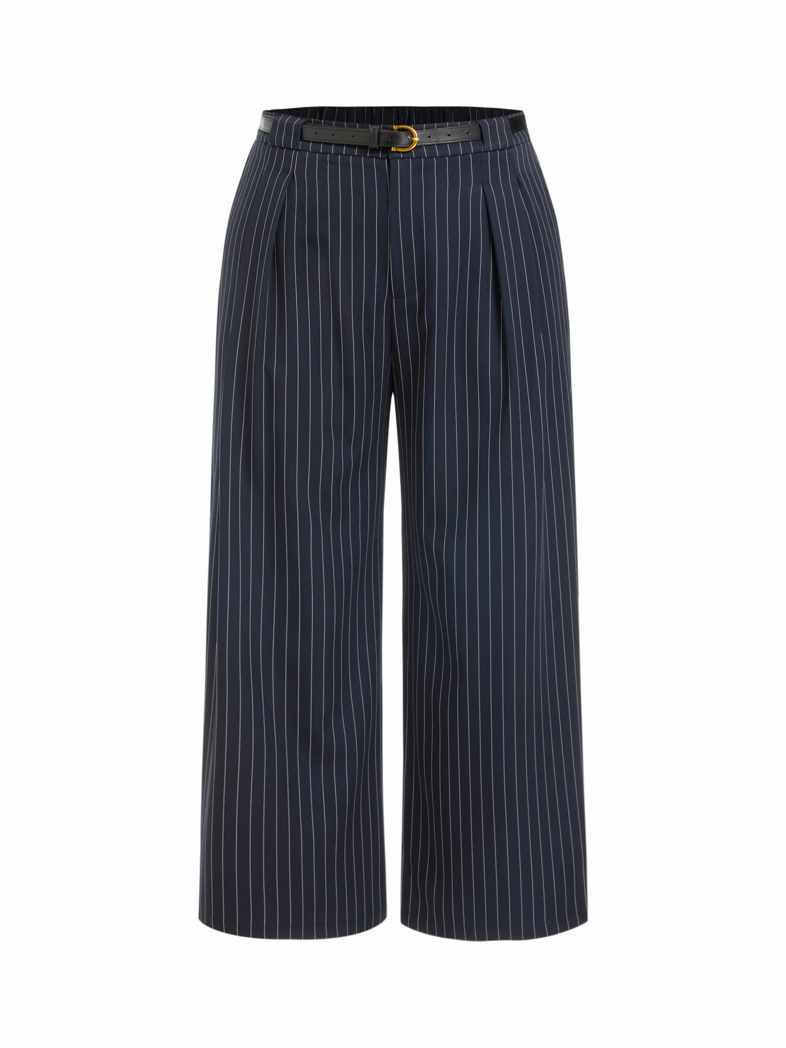 Mid Rise Striped Pleated Straight Leg Trousers With Belt Curve & Plus
