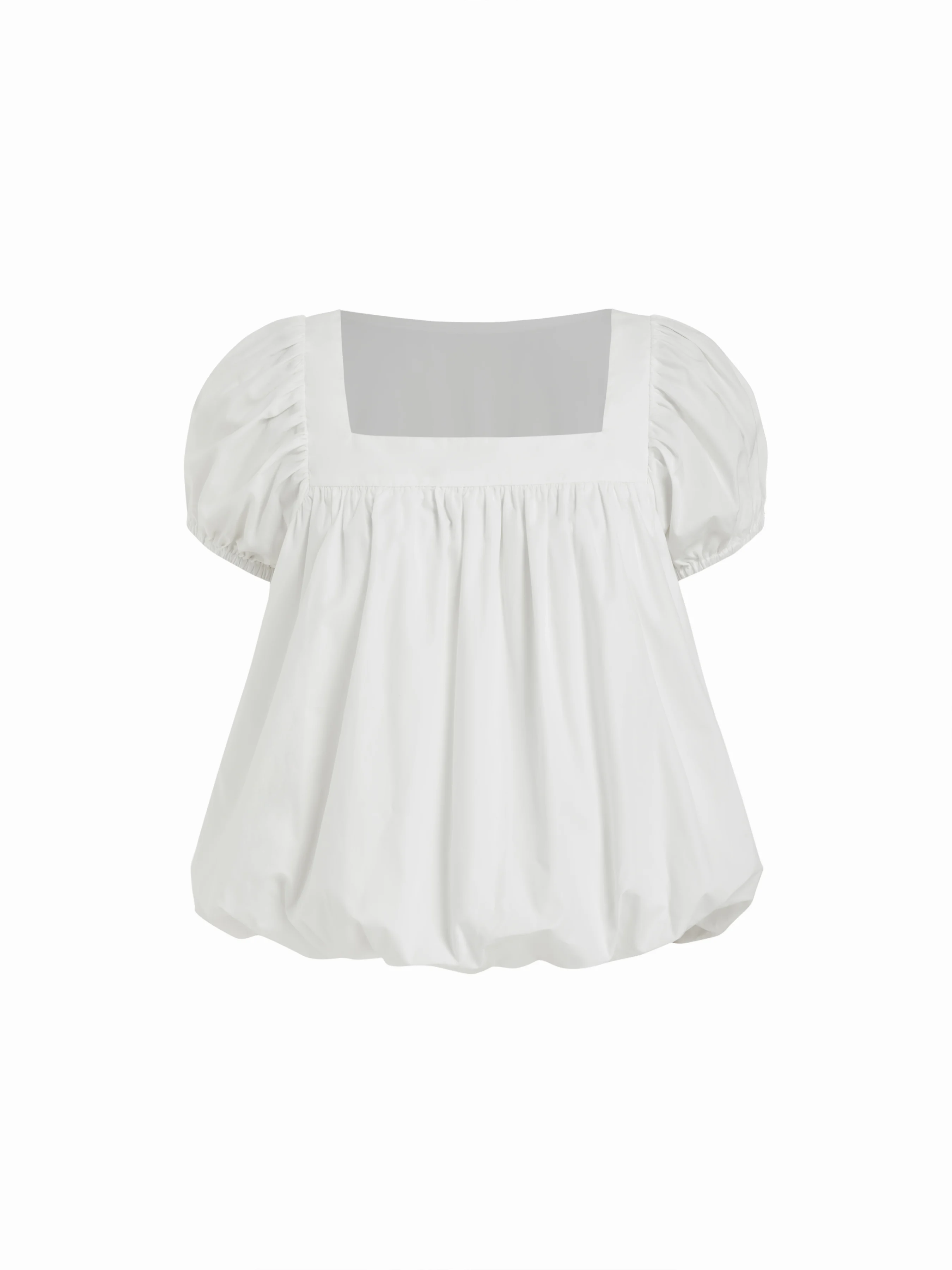 Cotton-blend Square Neck Puff Sleeve Ruched Bubble Hem Blouse