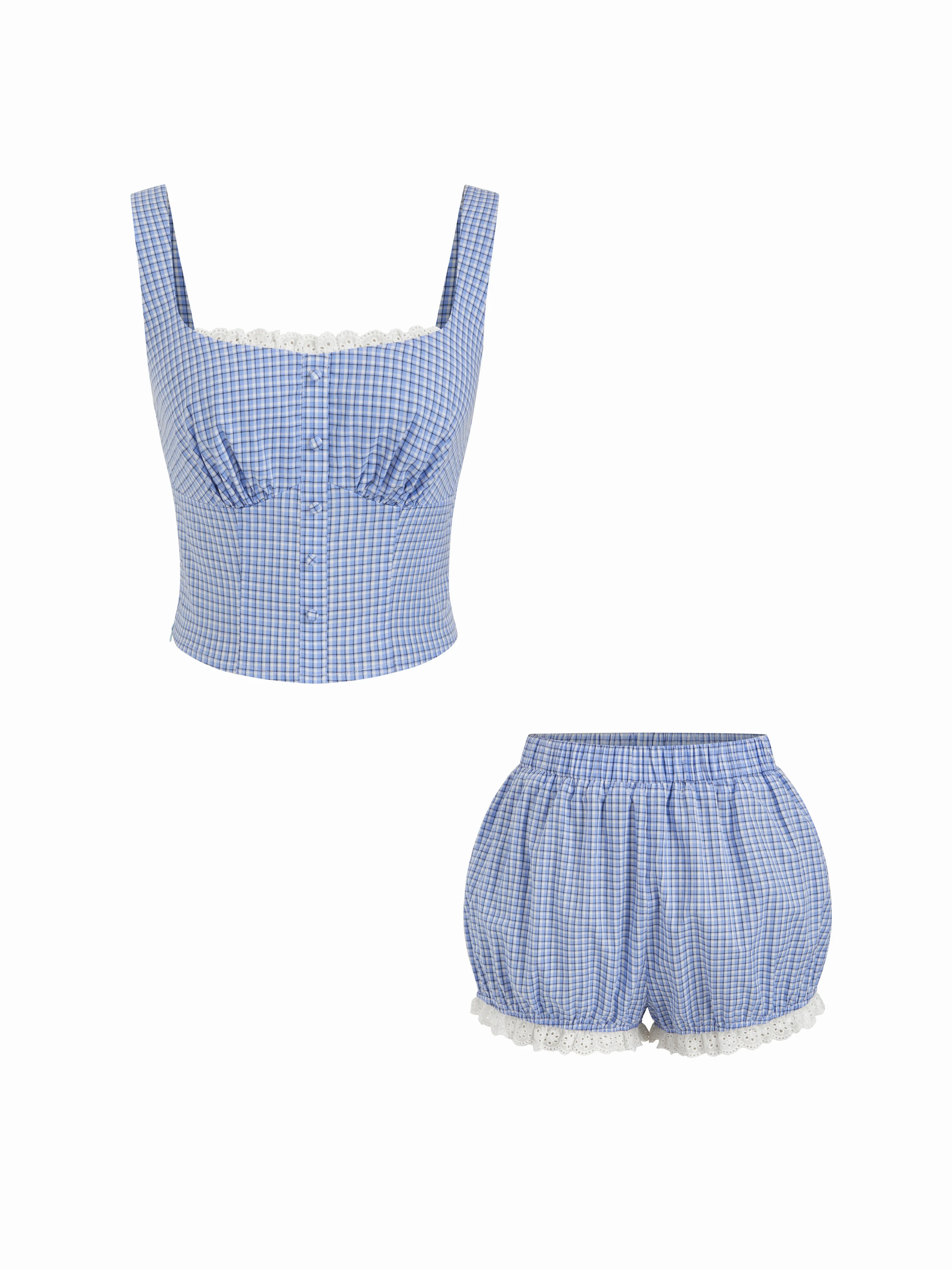 Cotton Square Neck Lace Panel Gingham Top & Mid Rise Bubble Hem Shorts Set