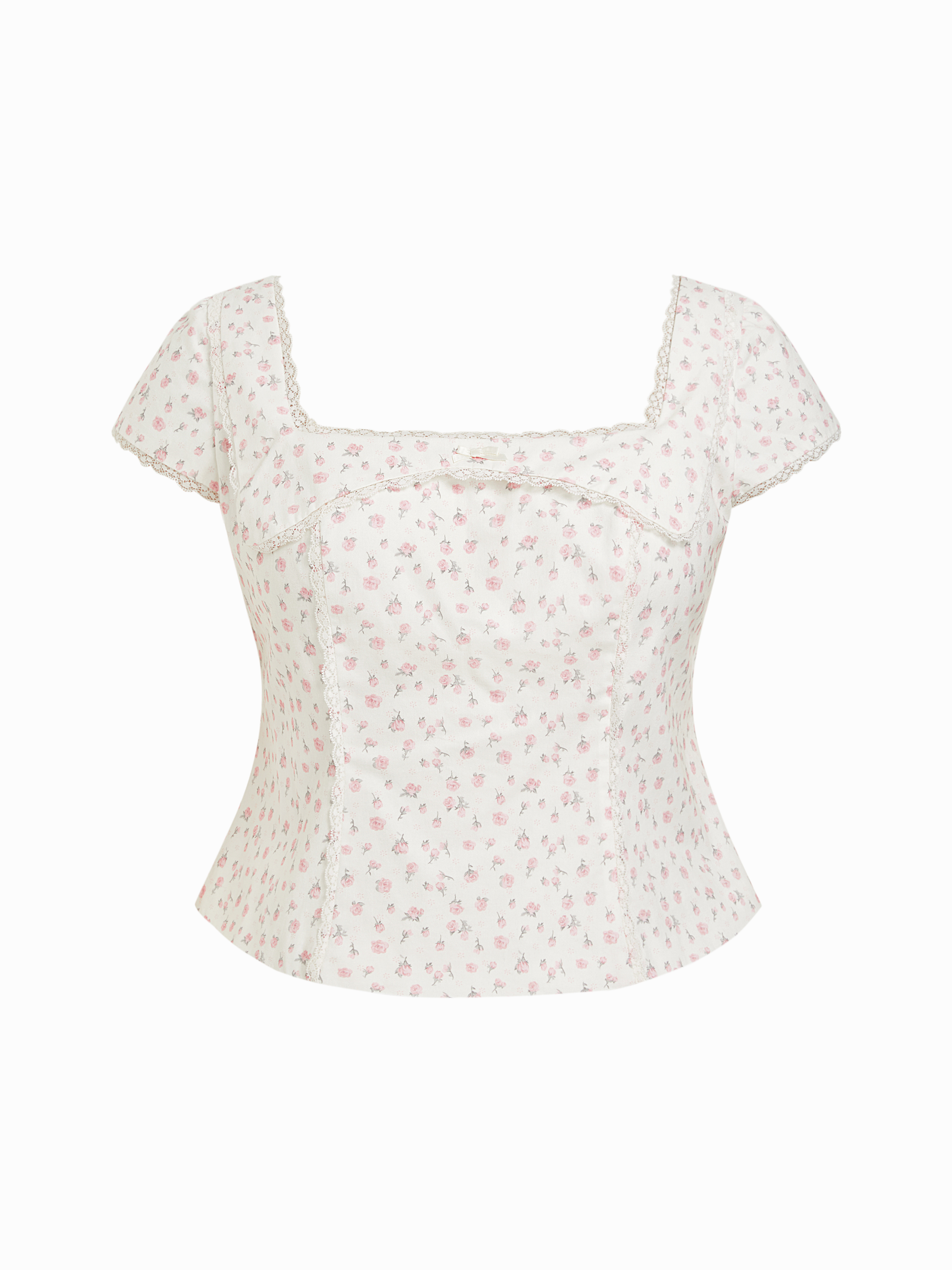 Cotton-blend Floral Square Neck Lace Trim Bowknot Blouse Curve & Plus