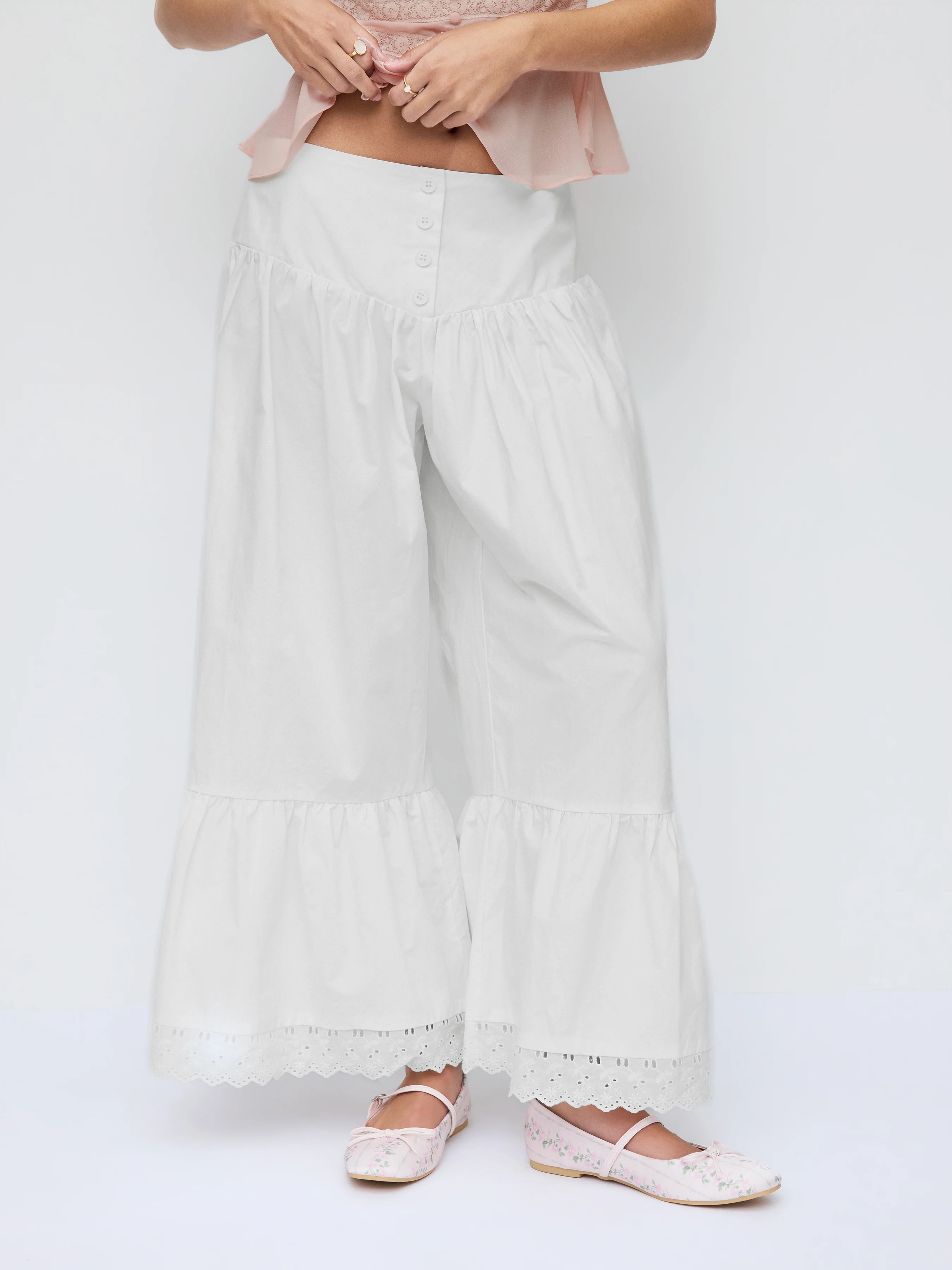 Cotton-blend Mid Rise Lace Trim Ruffle Wide Leg Trousers