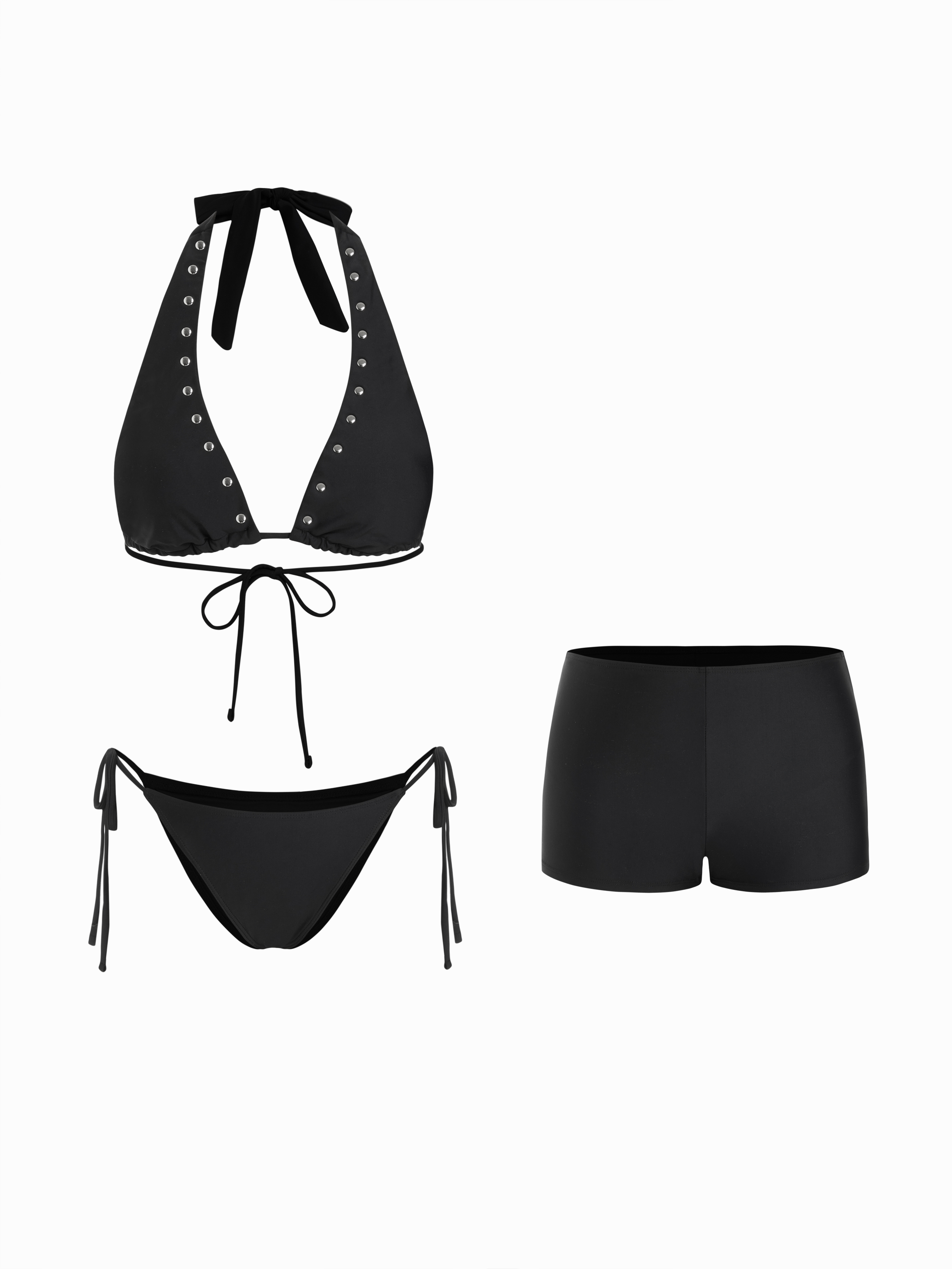 Halter Neckline Rivet Knotted 3 Piece Bikini Set With Shorts