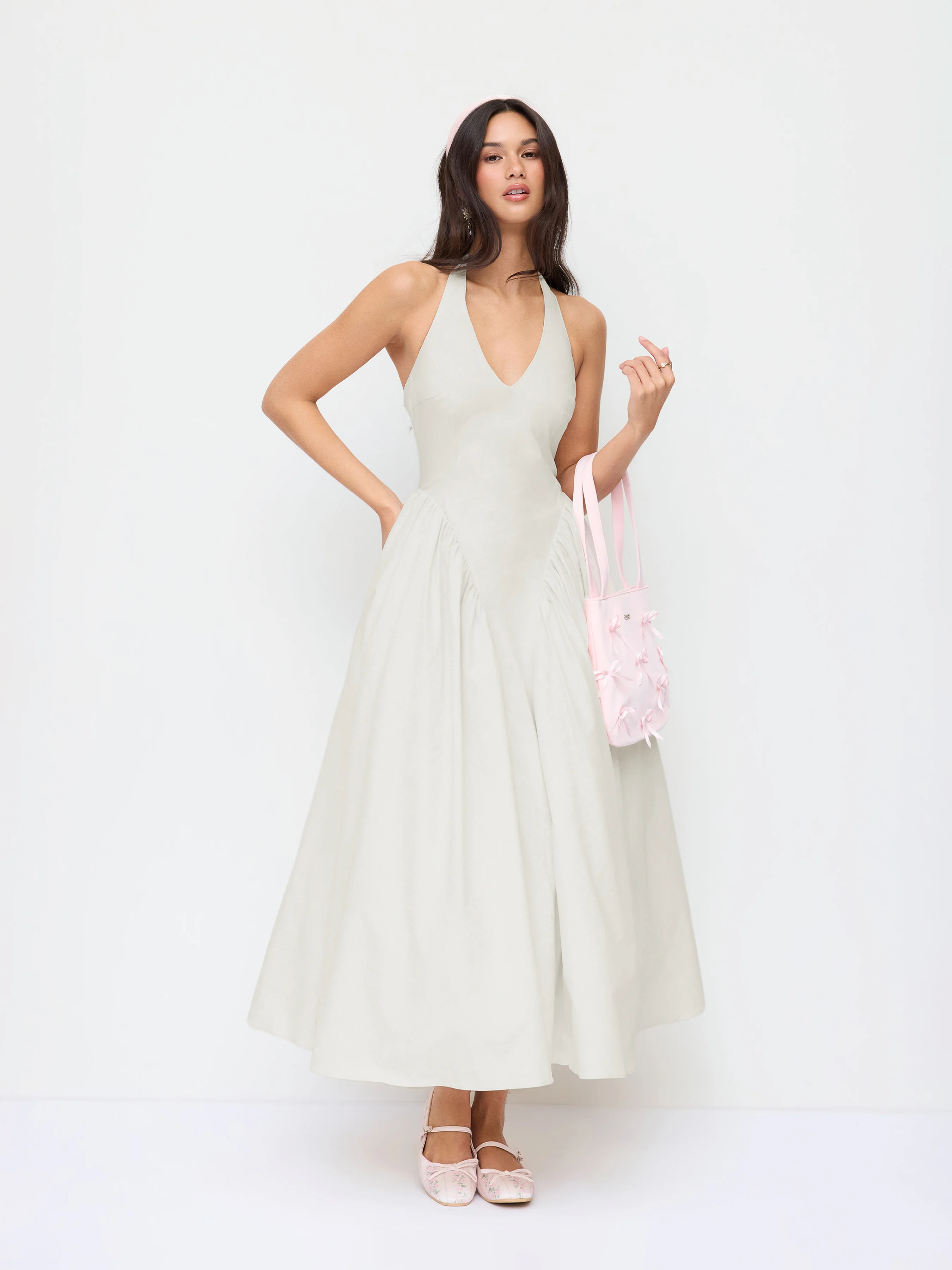 Sculptural Halter V-neck Draped Flared Maxi Dress
