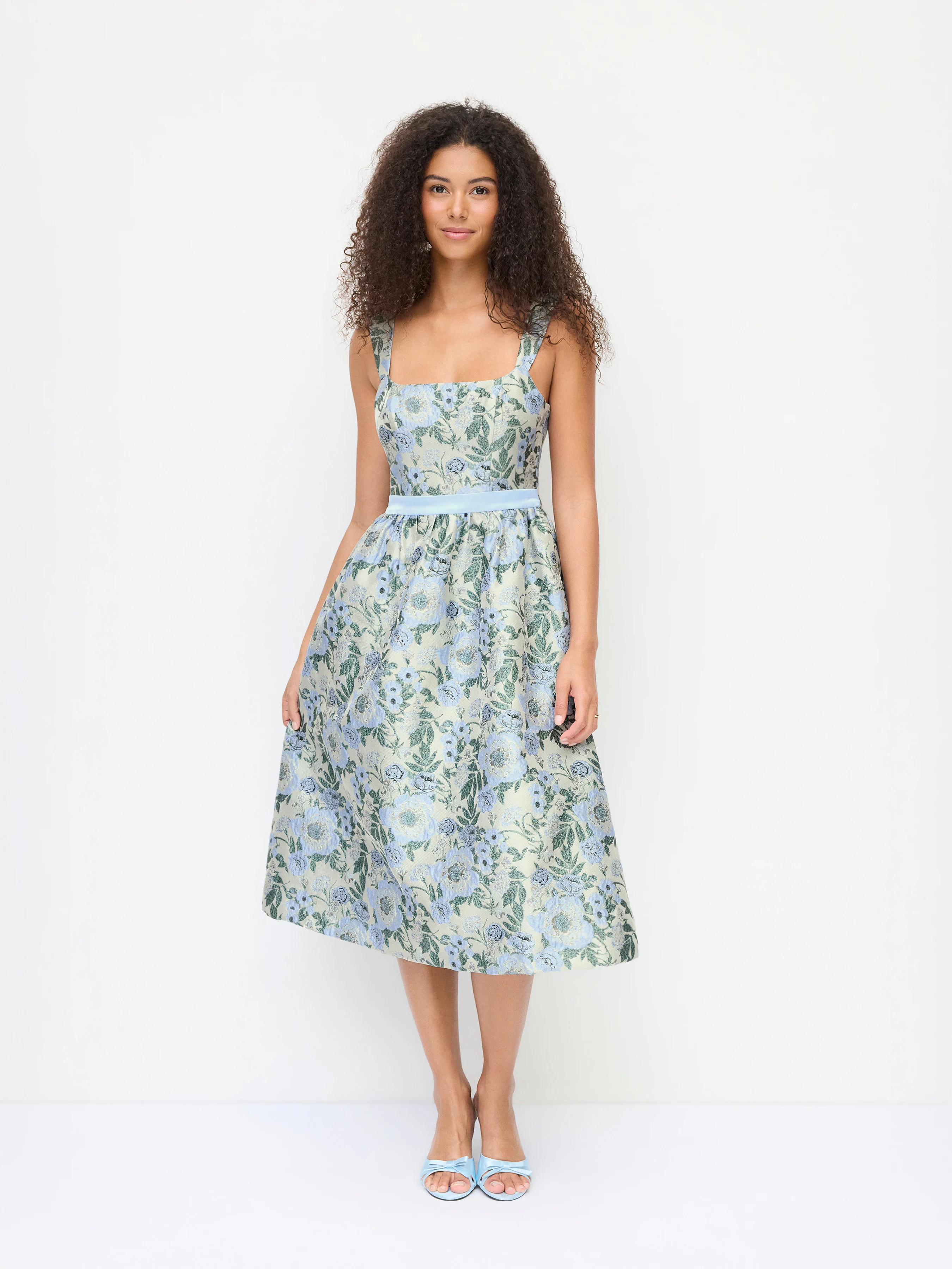 Jacquard Sculptural Floral Square Neck Lace Up Flared Midi Dress