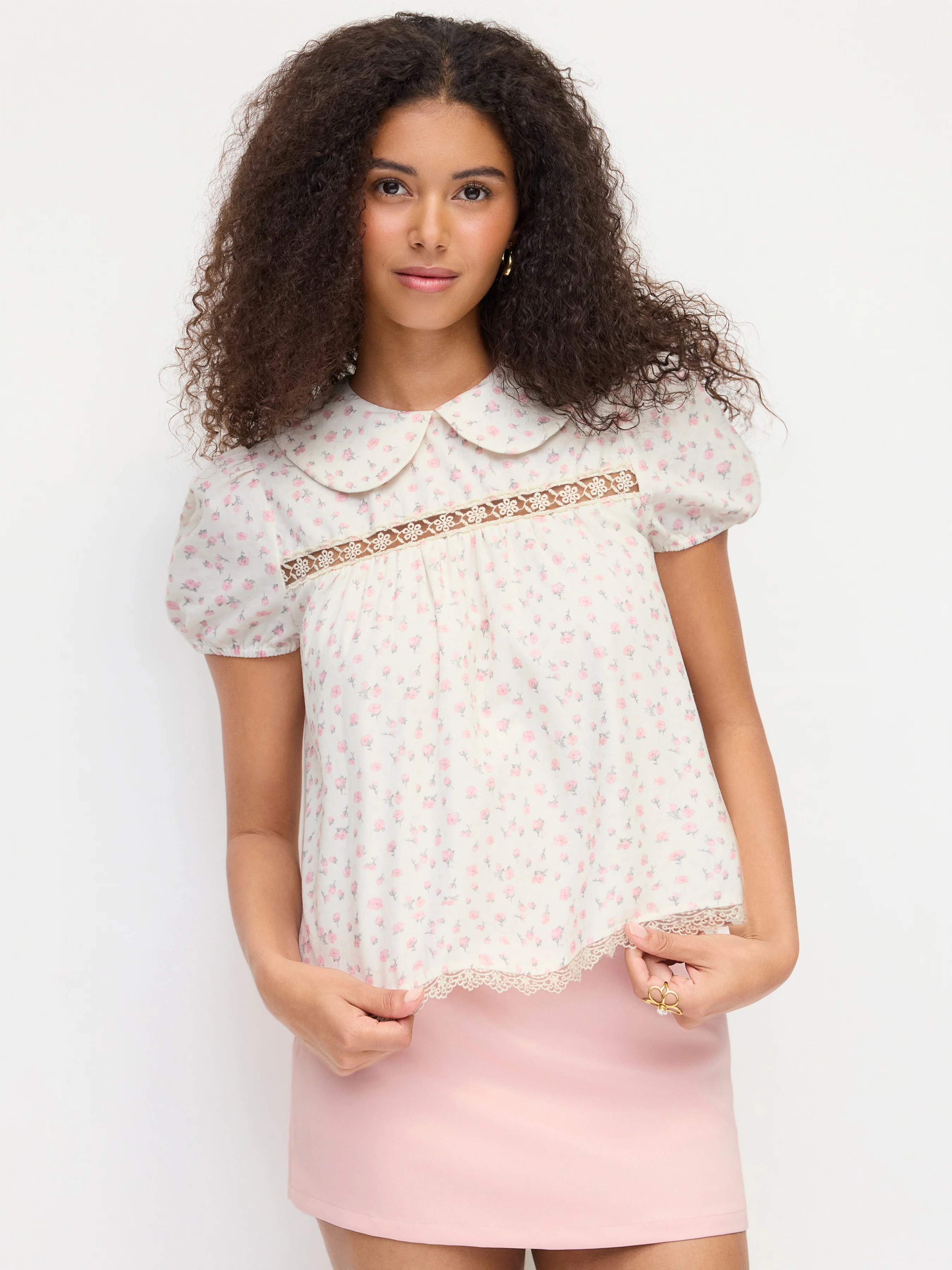 Cotton-blend Floral Peter Pan Collar Puff Sleeve Lace Insert Babydoll Blouse
