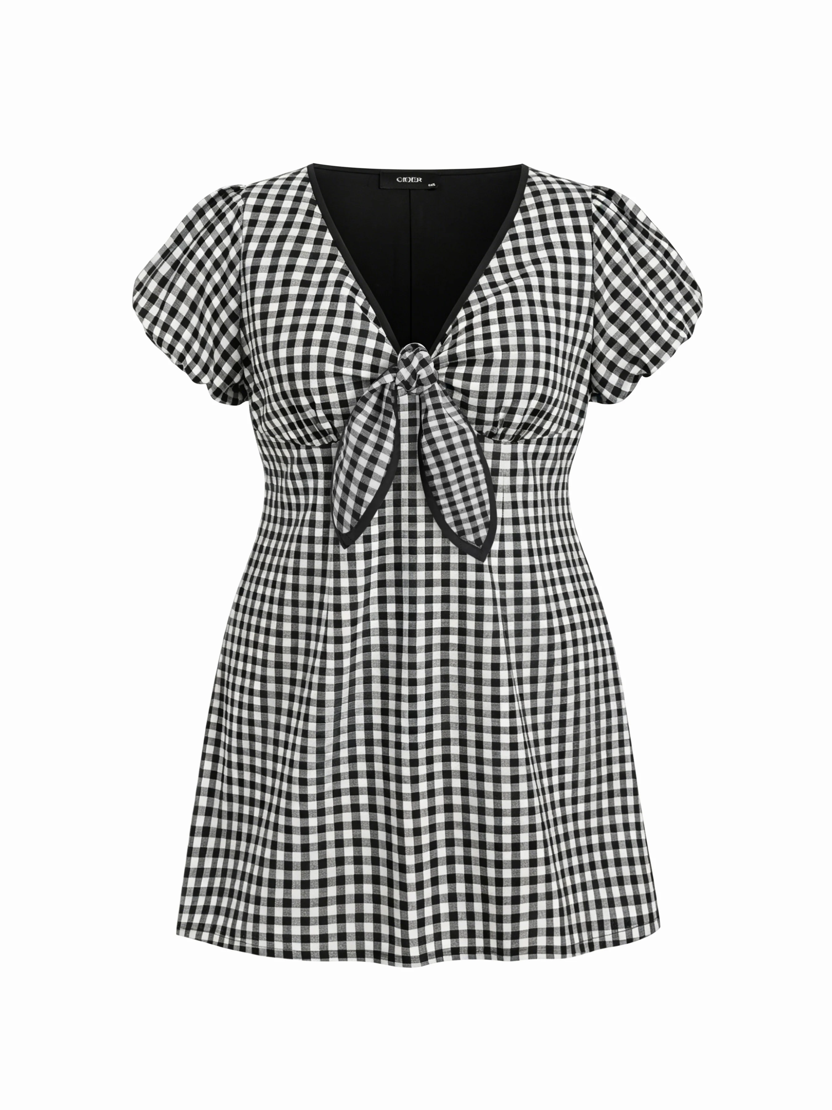 Cotton-blend V-neck Puff Sleeve Twist Knotted Gingham A-line Mini Dress Curve & Plus