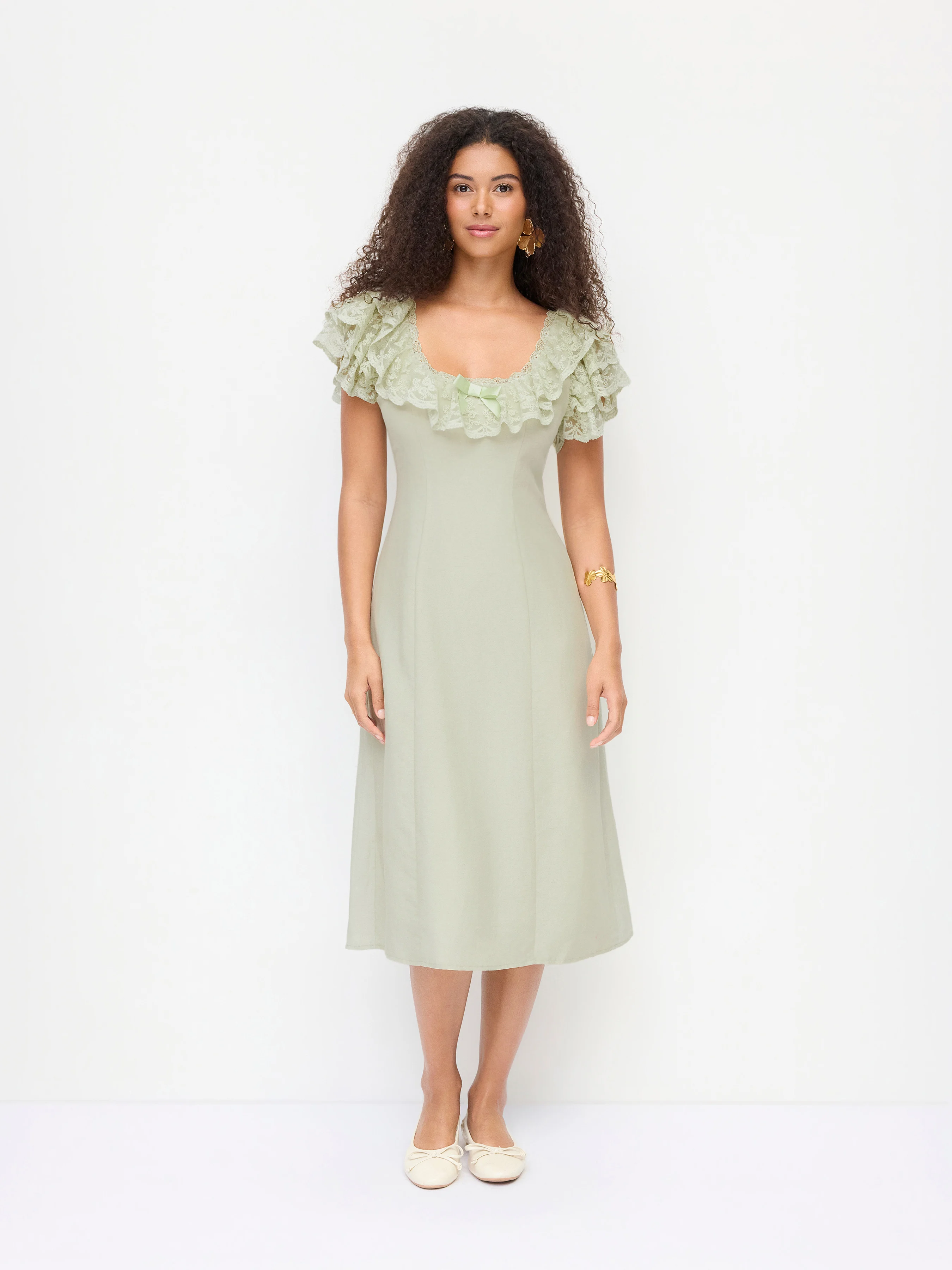 Linen-blend Scoop Neck Puff Sleeve Lace Bowknot A-line Midi Dress