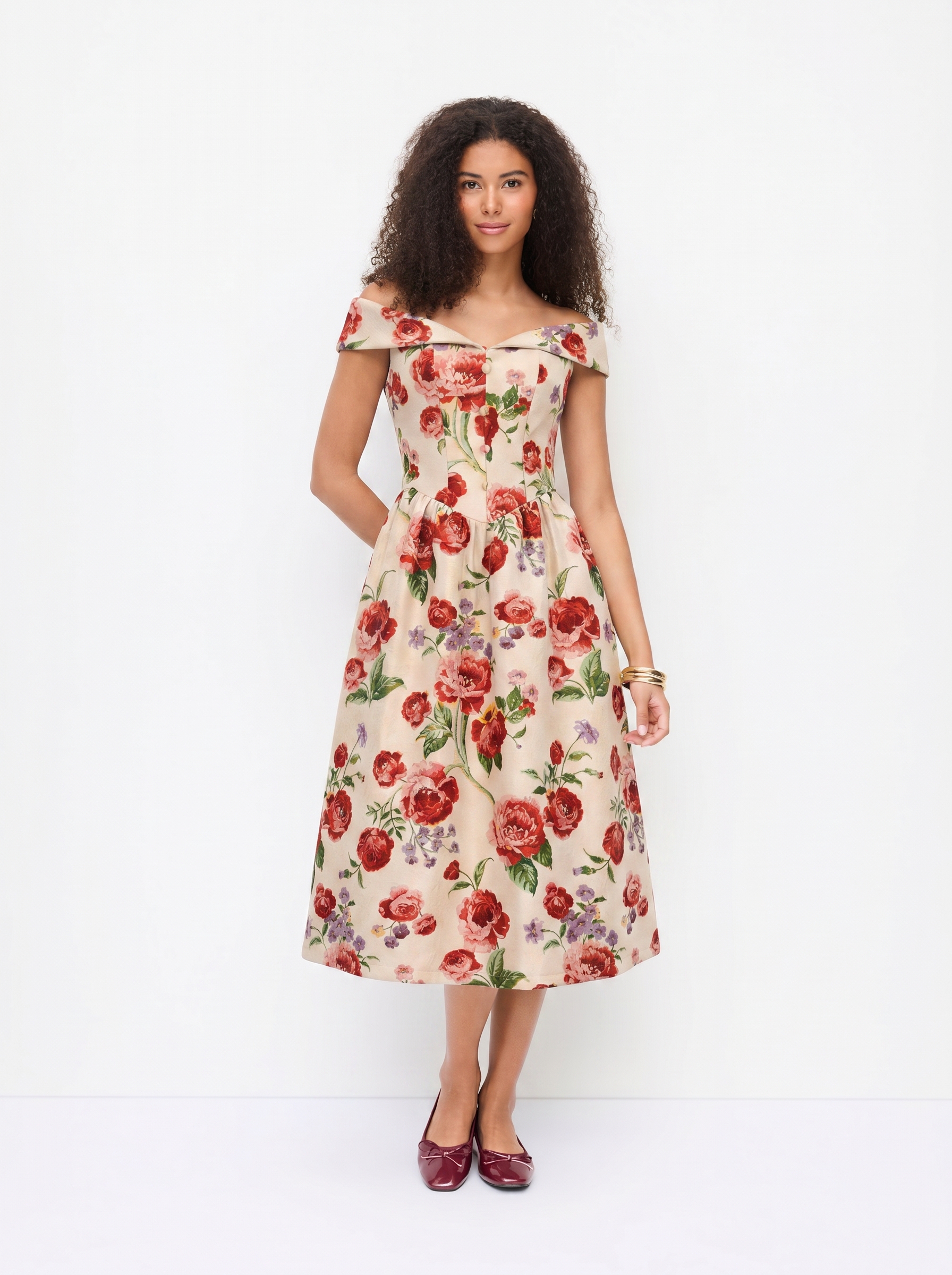 Jacquard Floral Sweetheart Off-shoulder Flared Midi Dress