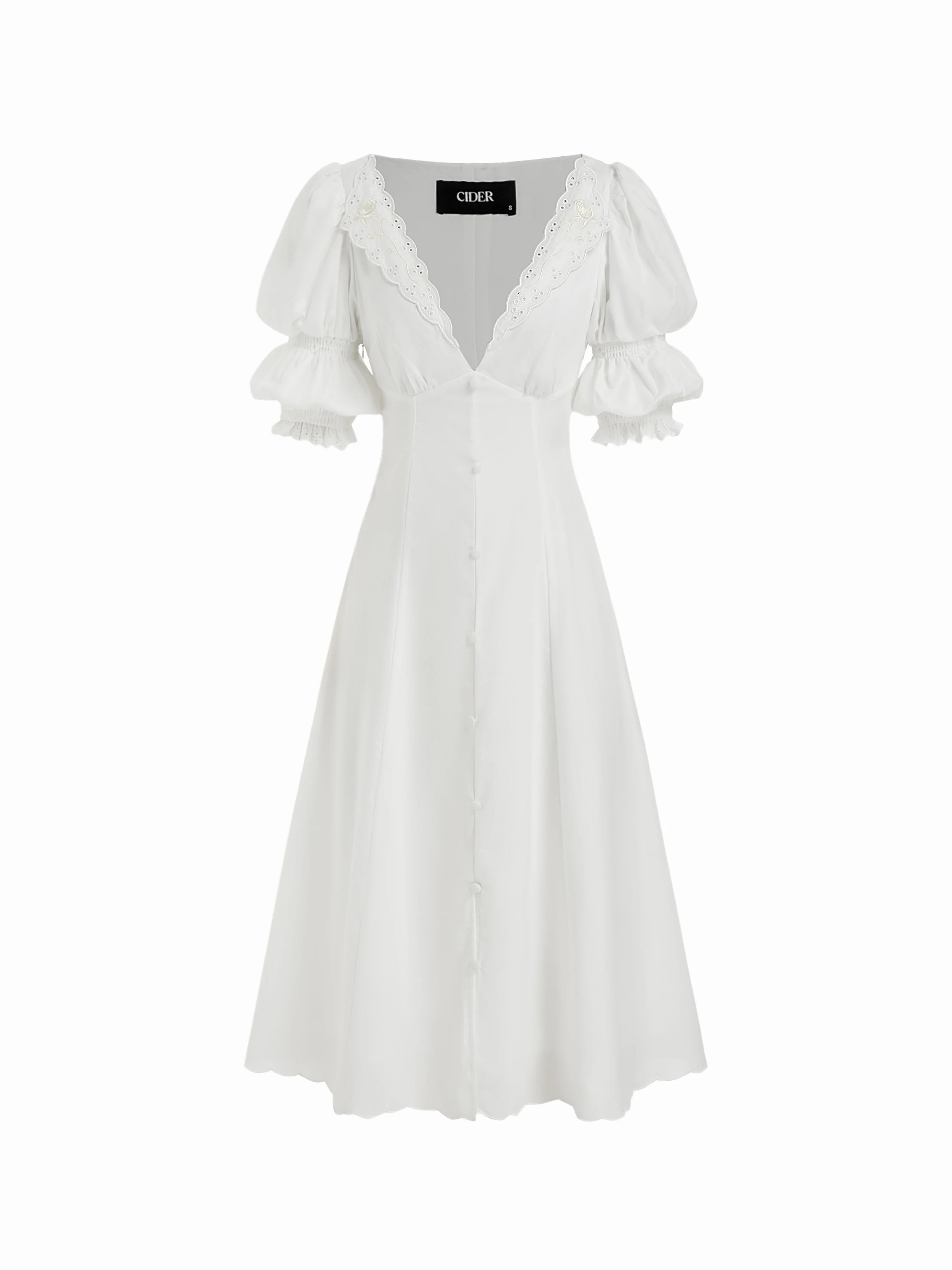 Broderie Anglaise Rose Floral V-neck Puff Sleeve Flared Midi Dress