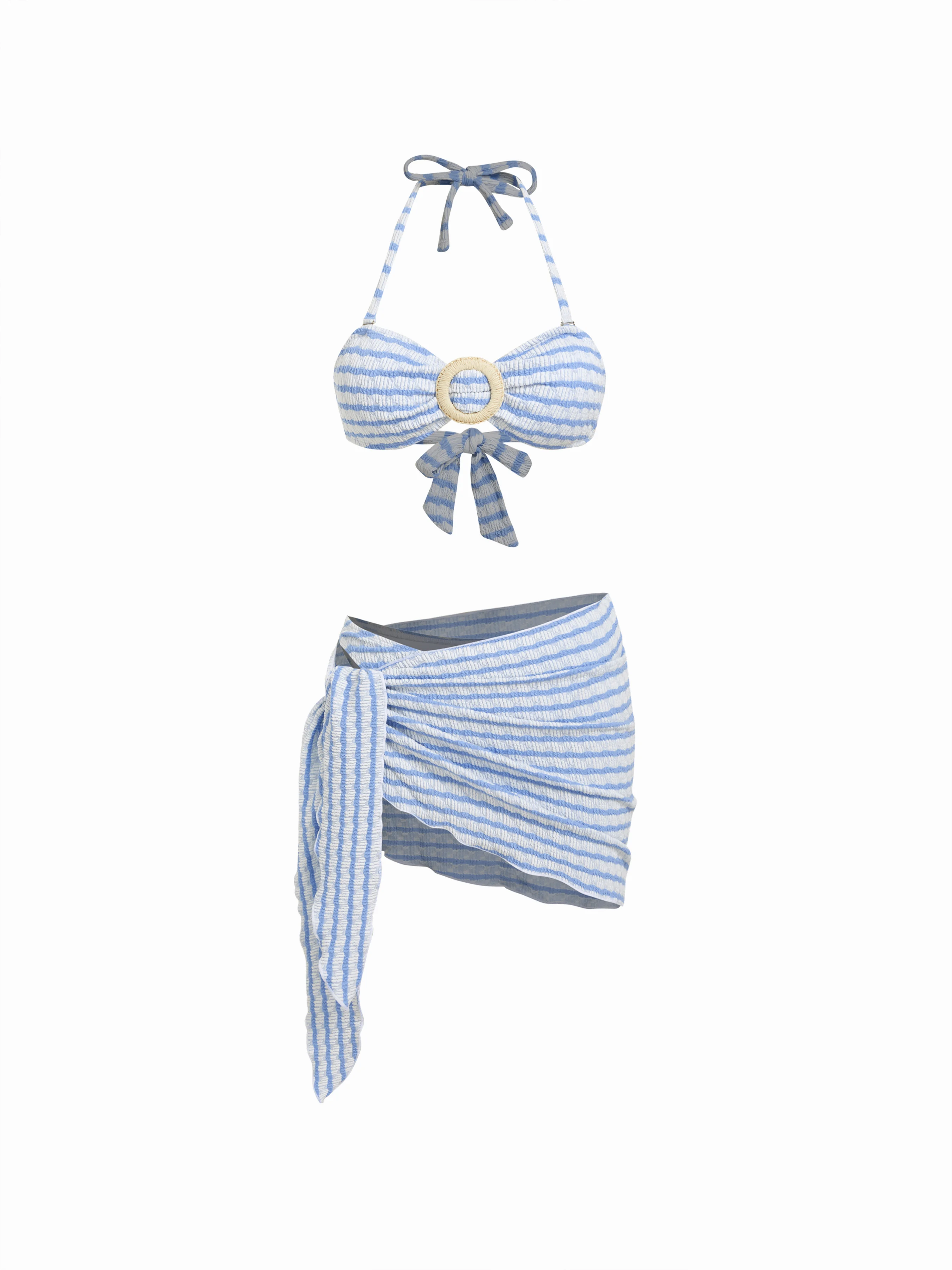 Cotton-blend Halter Neckline Striped O-Ring Low Rise Cheeky Bikini Set With Sarong