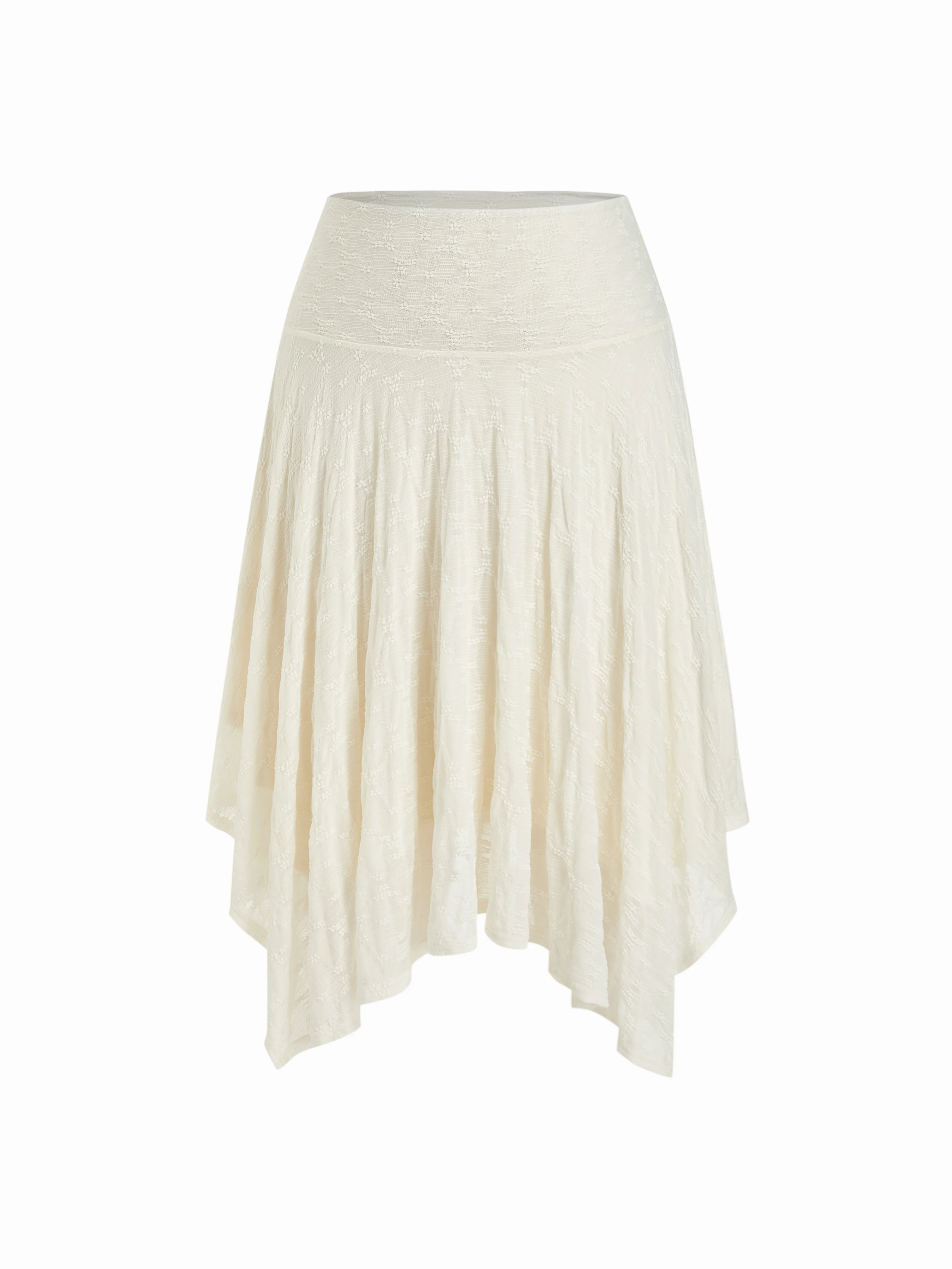Textured Lace Ruched Mid Rise Asymmetrical Hem Flared Midi Skirt Curve & Plus