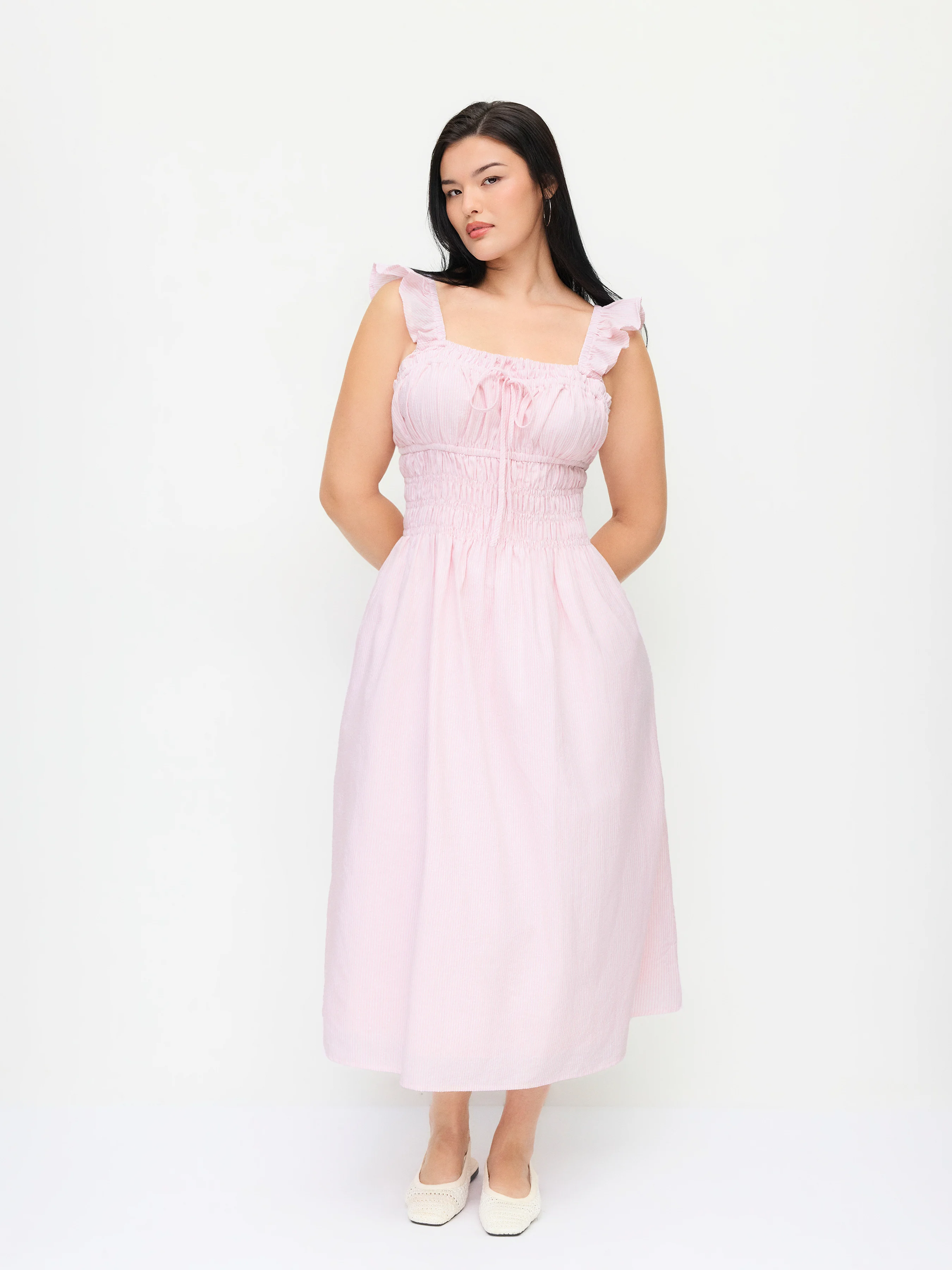 Cotton-blend Striped Square Neck Shirred Ruffled Midi Flared dress Curve & Plus