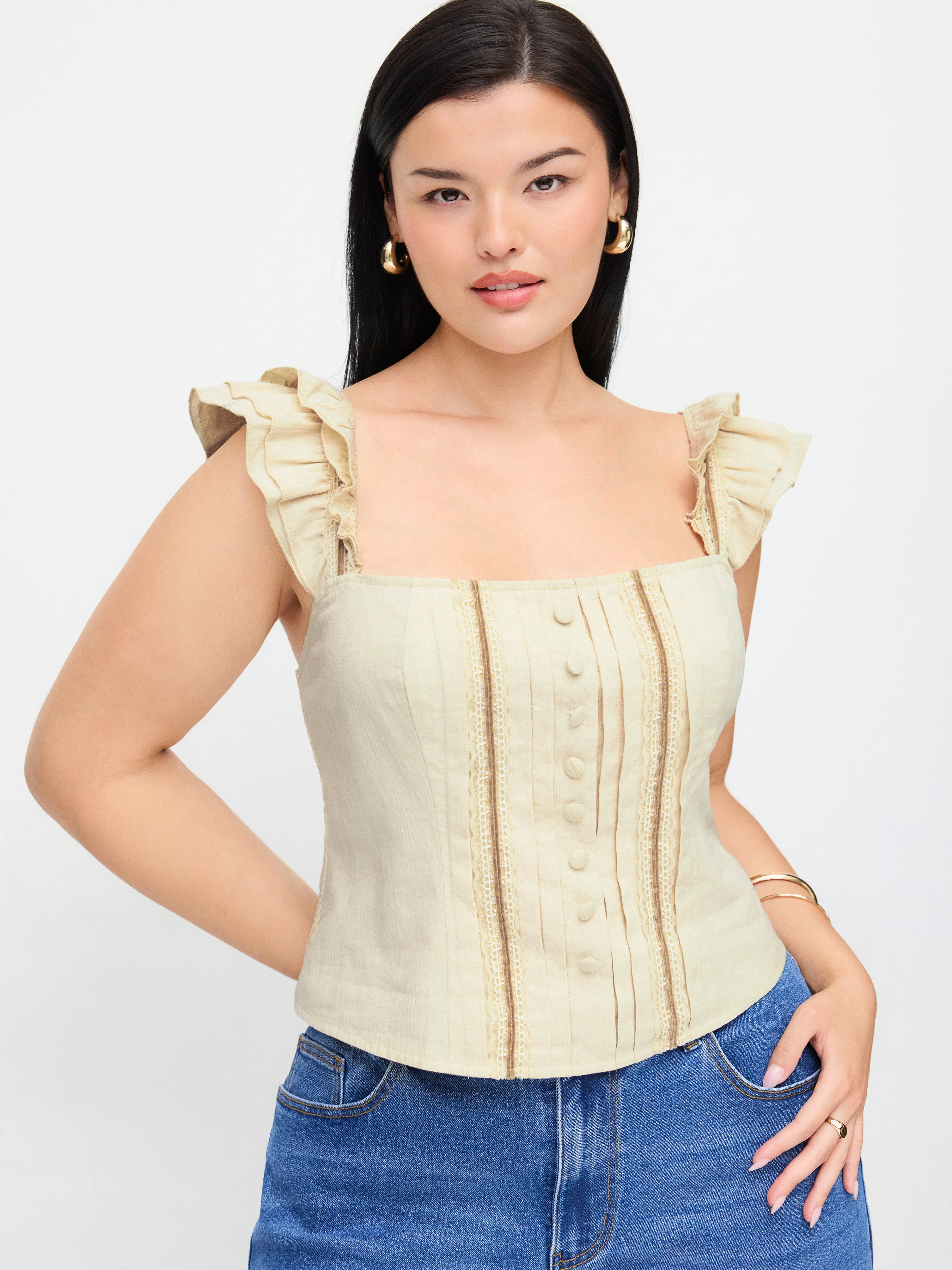 Cotton-blend Textured Halter Neck Ruffled Shirred Blouse Curve & Plus