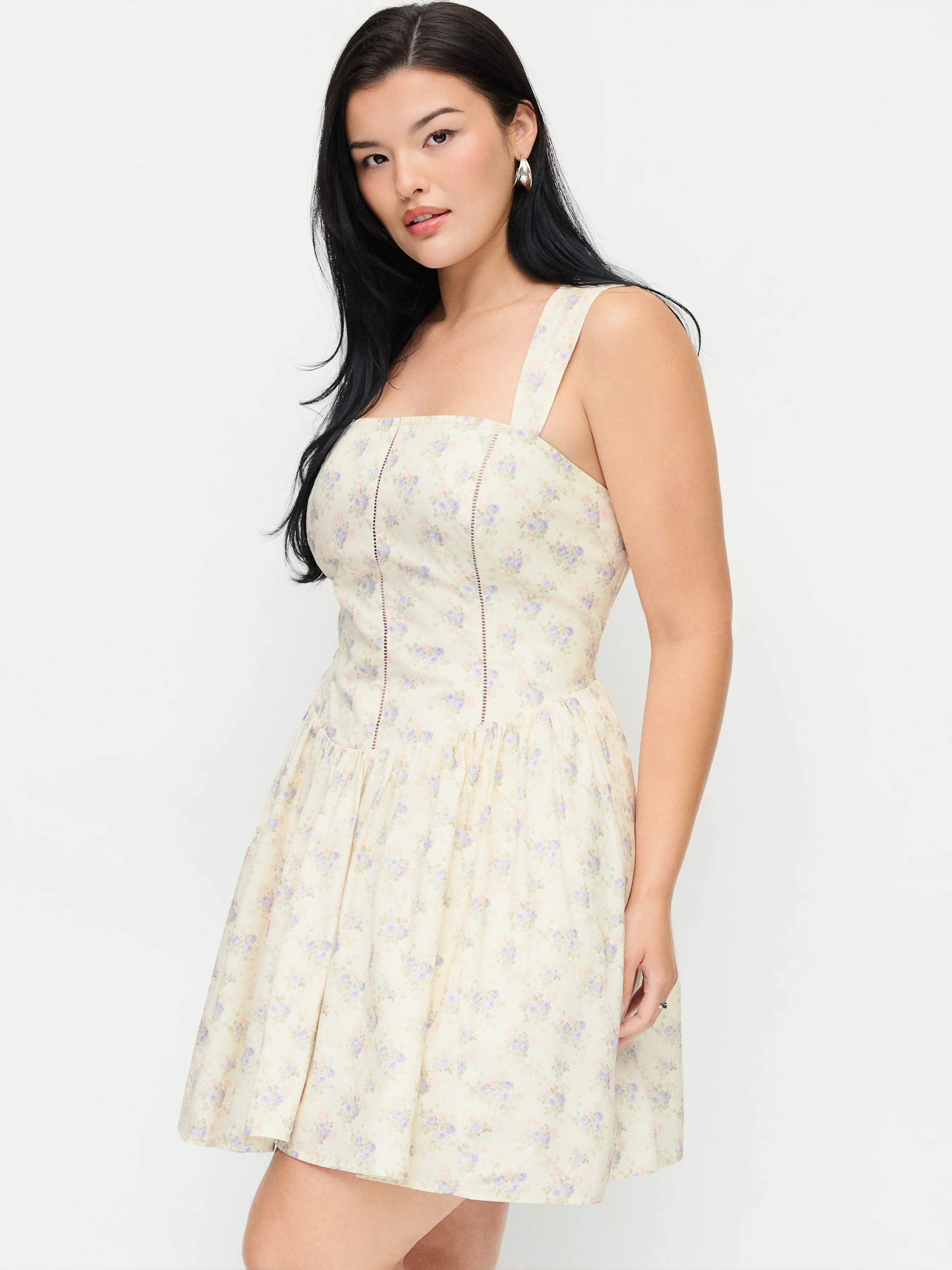 Cotton-blend Floral Square Neck Pleated Shirred A-line Mini Dress Curve & Plus