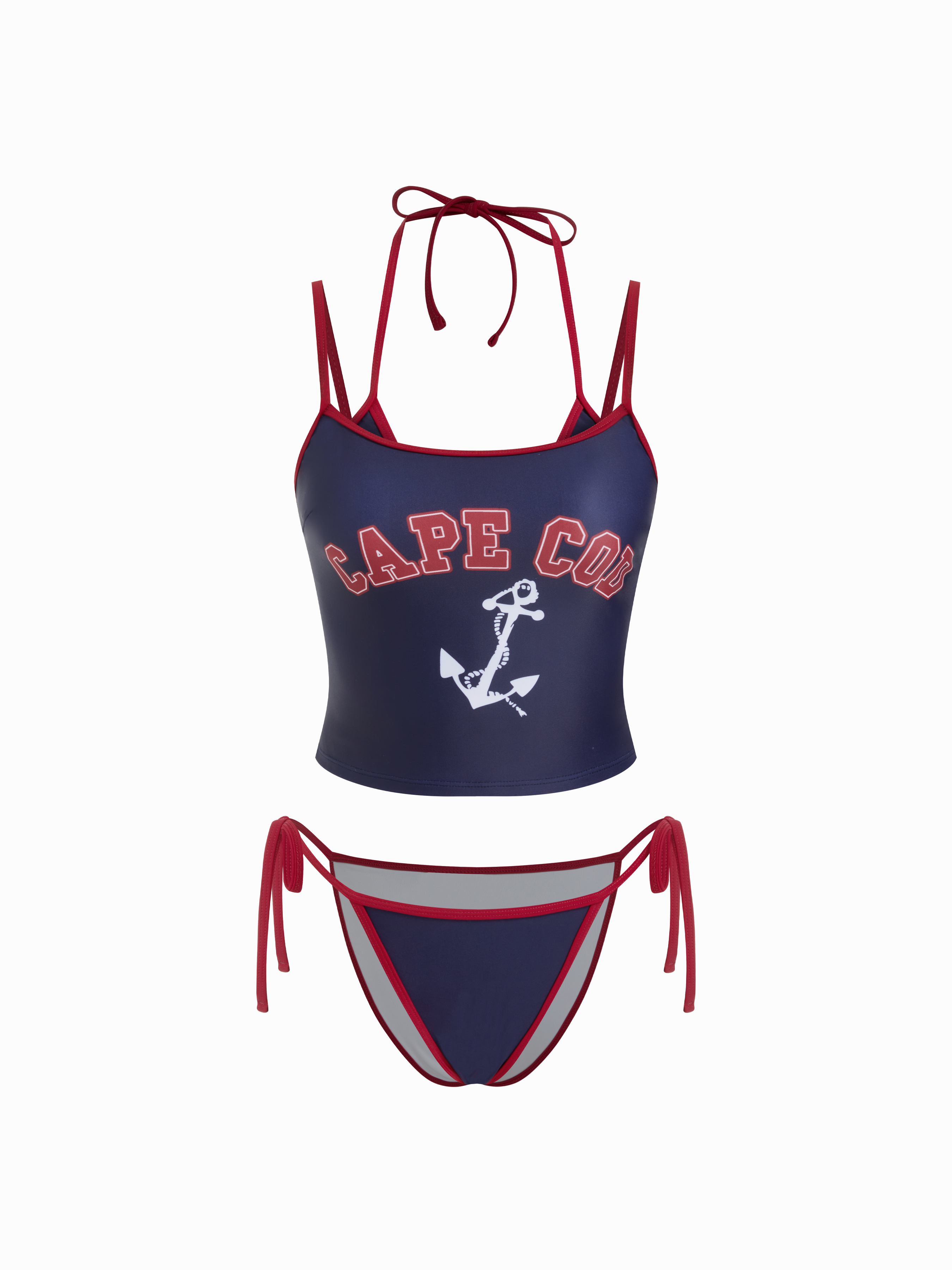 Cape Cod Graphic Halter Neckline Low Rise Contrast Binding 3-Piece Bikini Set