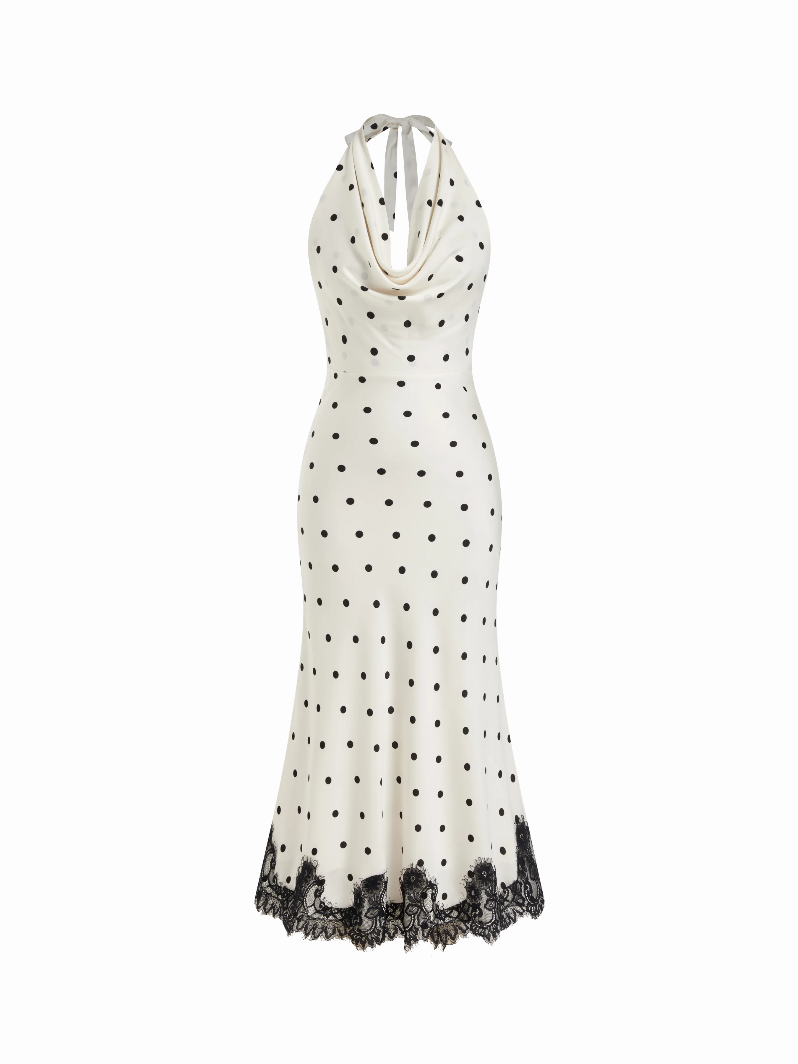 Satin Polka Dot Halter Neckline Backless Lace Trim Mermaid Maxi Dress