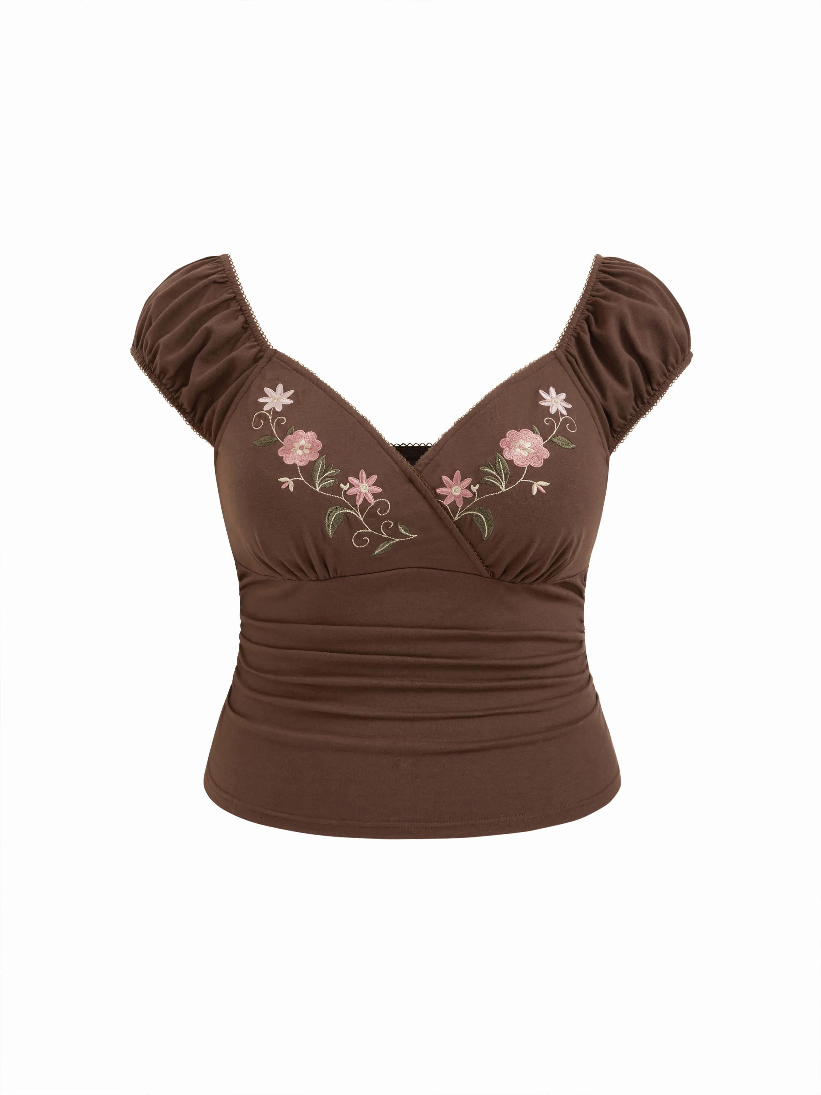 Cotton-blend V-Neck Floral Embroidery Ruched Puff Sleeve Top Curve & Plus