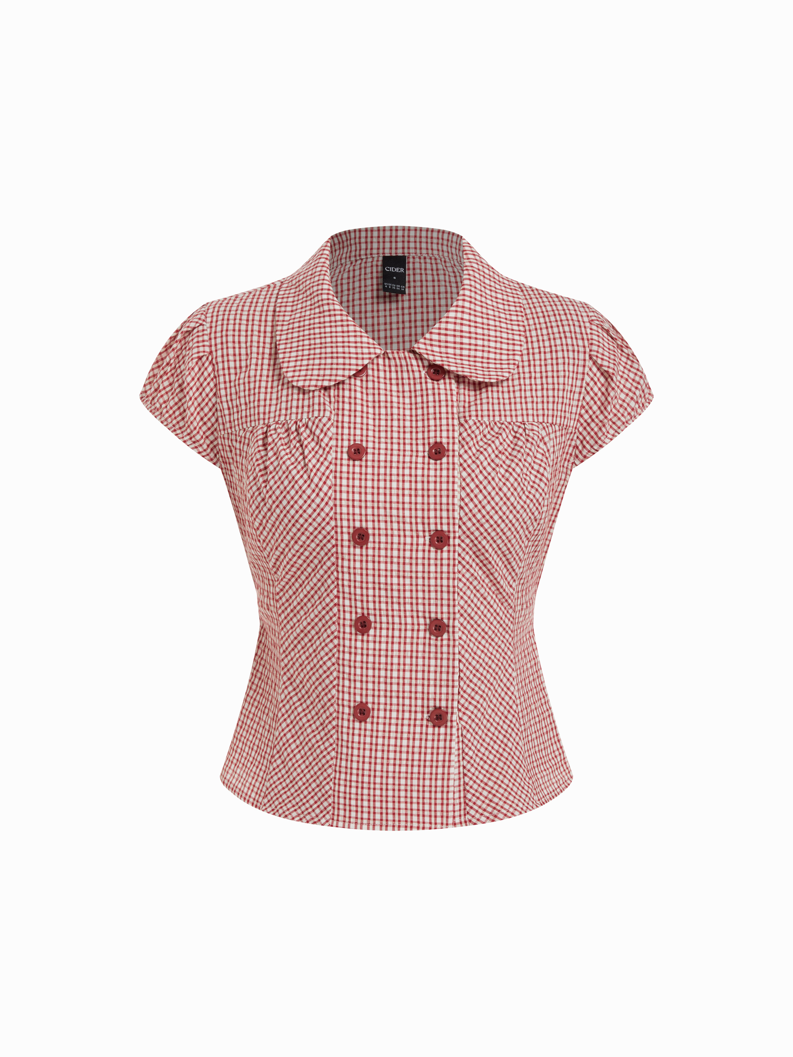 Cotton-blend Gingham Peter Pan Collar Puff Sleeve Double Breasted Blouse
