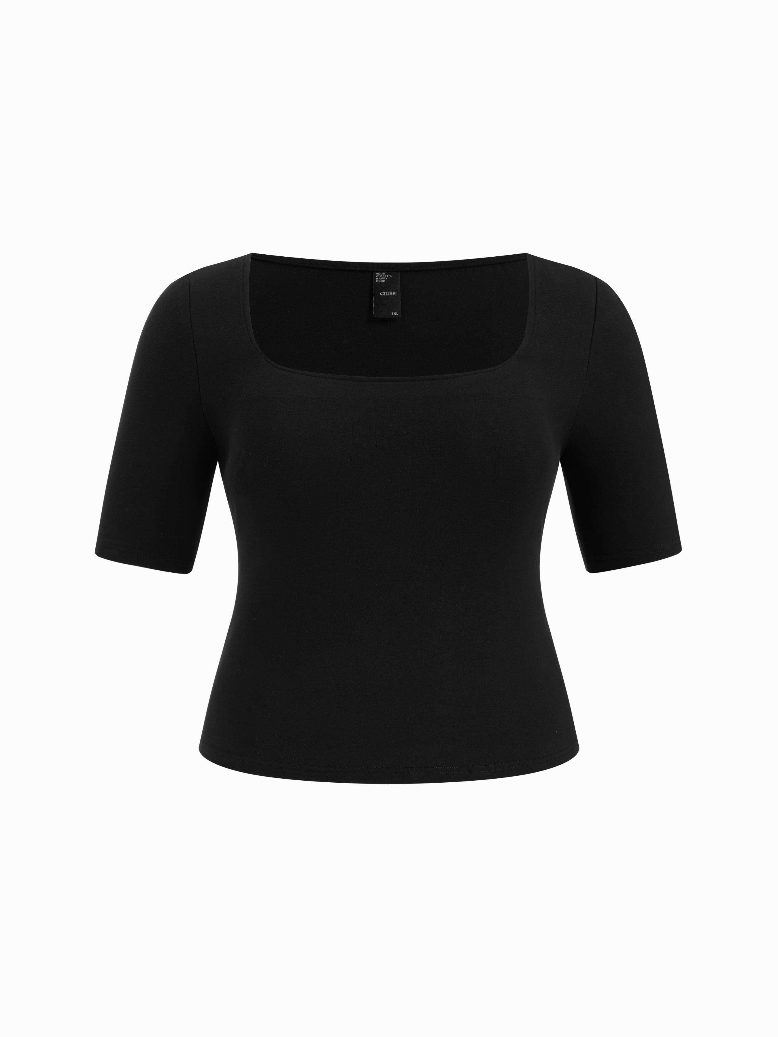 Cotton-blend Square Neck Mid-length Sleeve Tee Curve & Plus