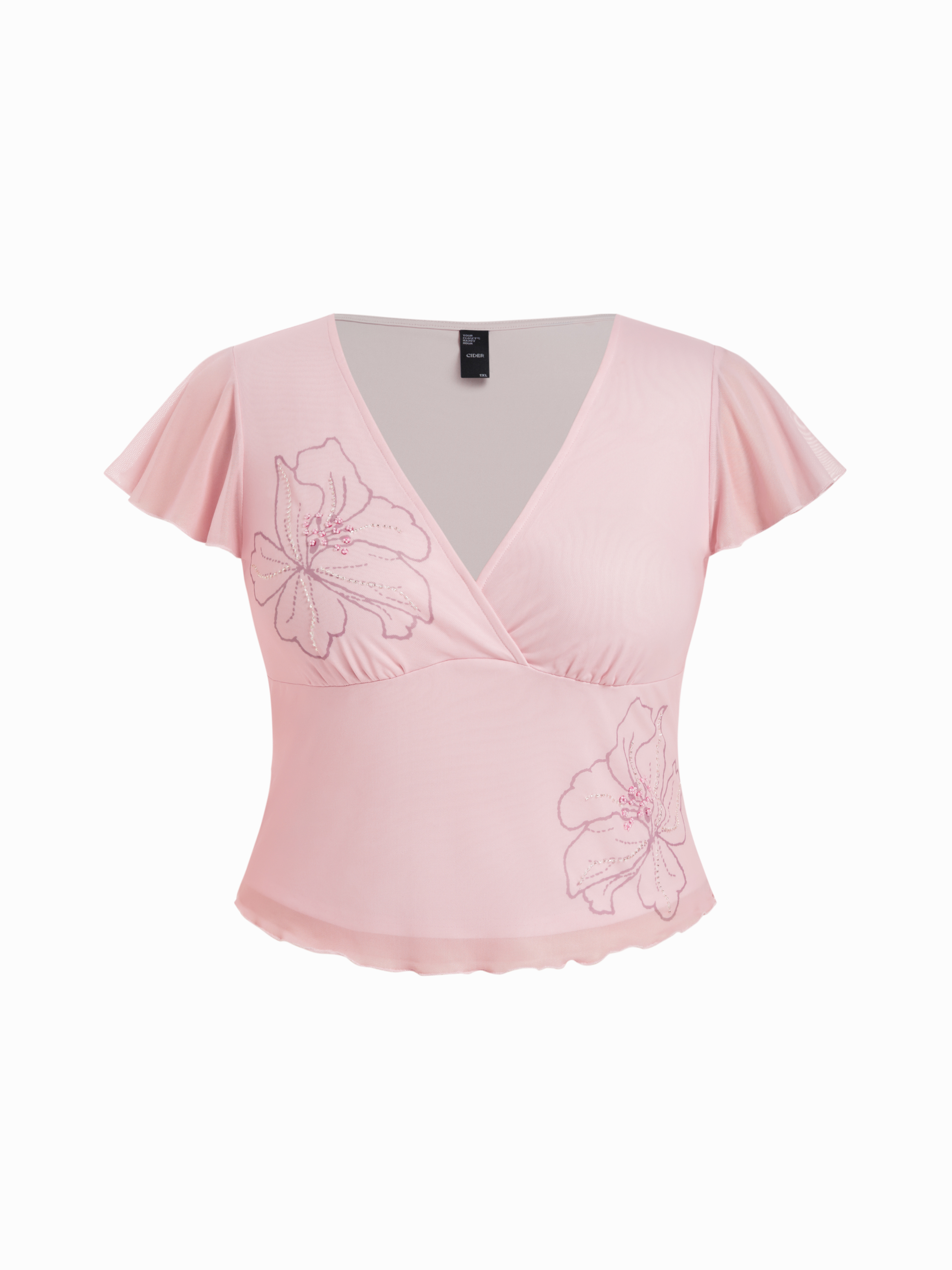 Floral Embroidery Rhinestone V-Neck Ruffle Sleeve Top Curve & Plus