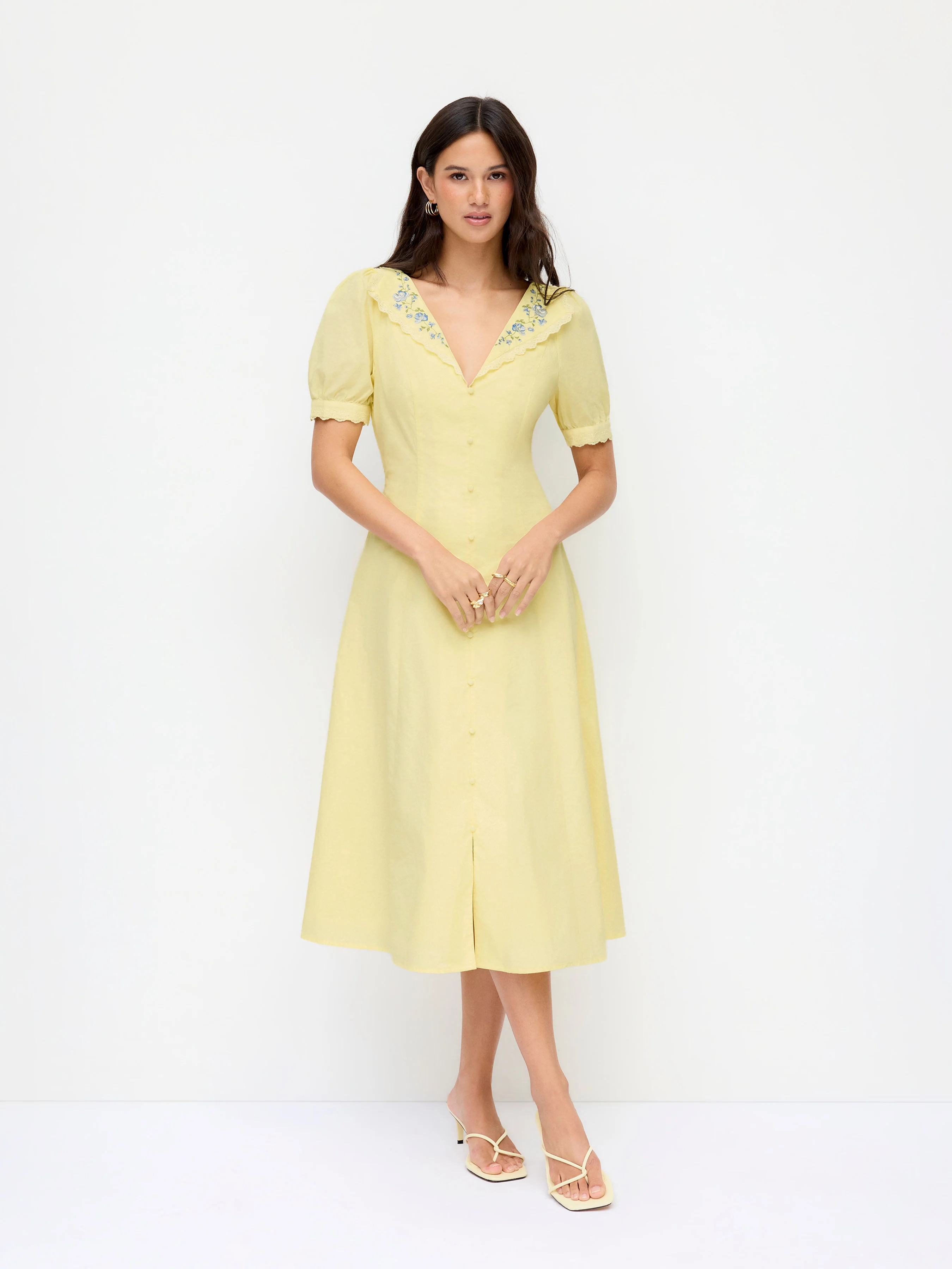 Cotton-blend Floral Graphic V-neck Lantern Sleeve Embroidery Midi Shirt Dress