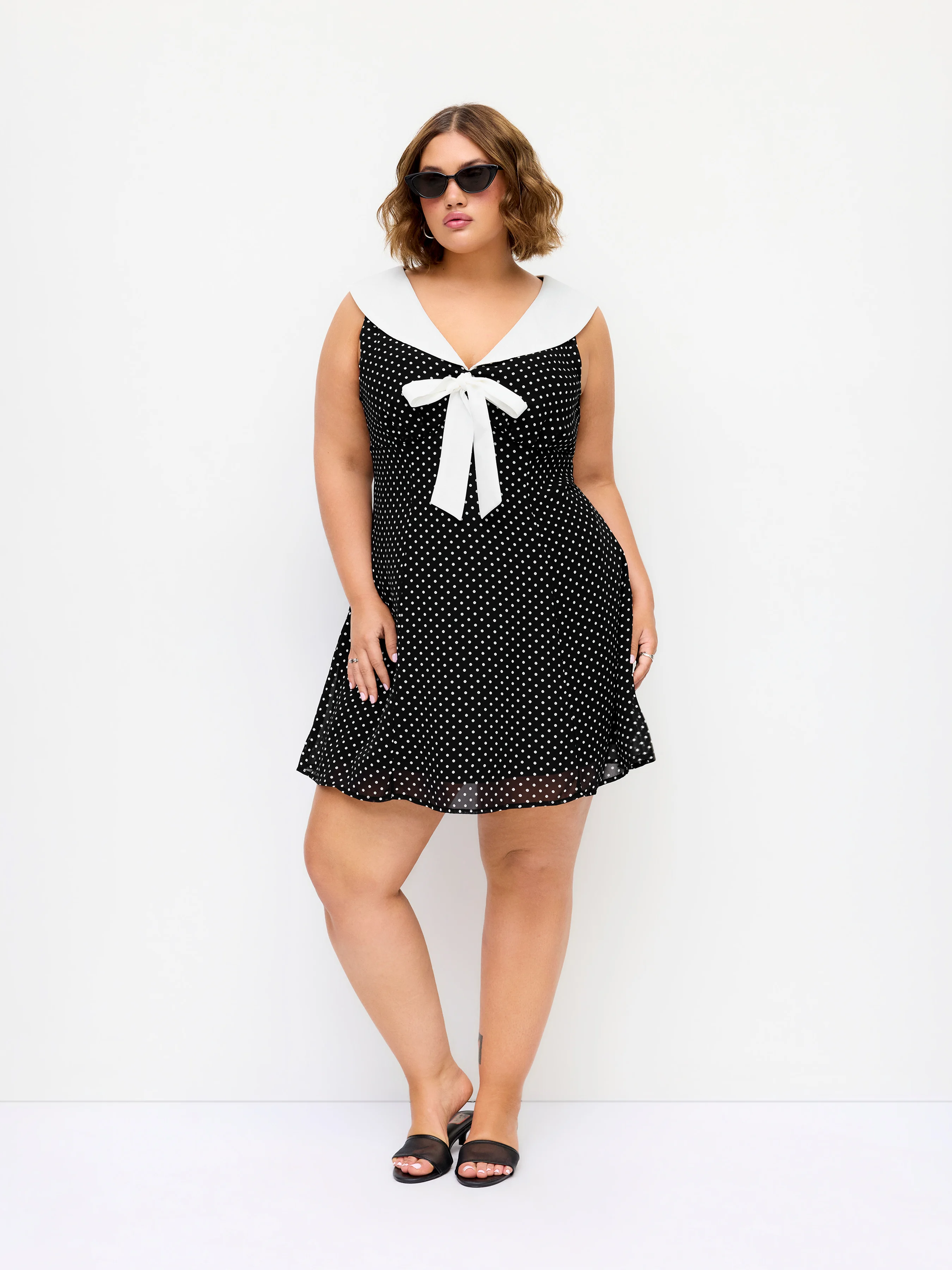 Polka Dot Sailor Collar Bowknot A-line Mini Dress Curve & Plus