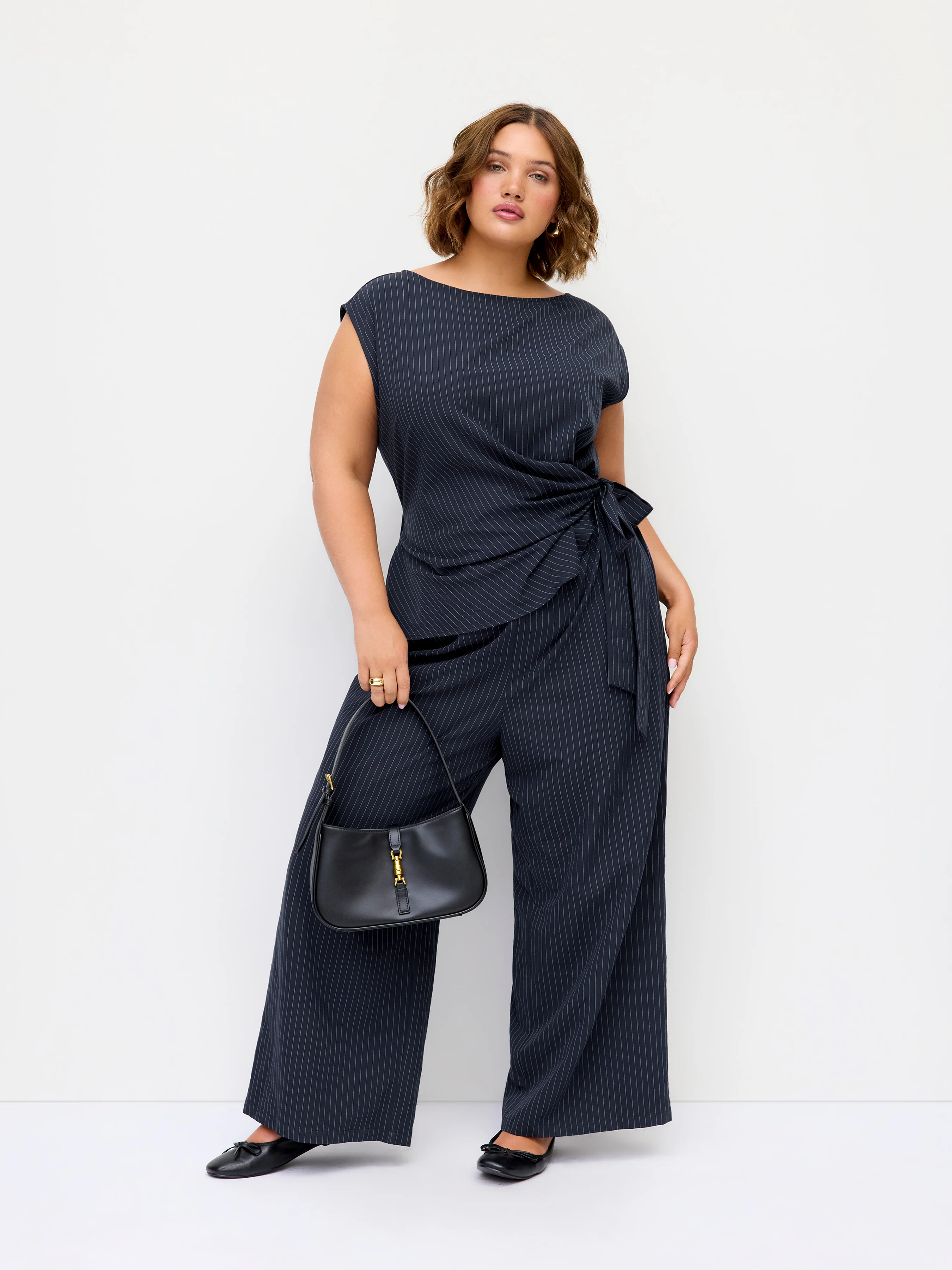Boat Neck Stripe Ruched Knotted Wide Leg Jumpsuit Curve & Plus
