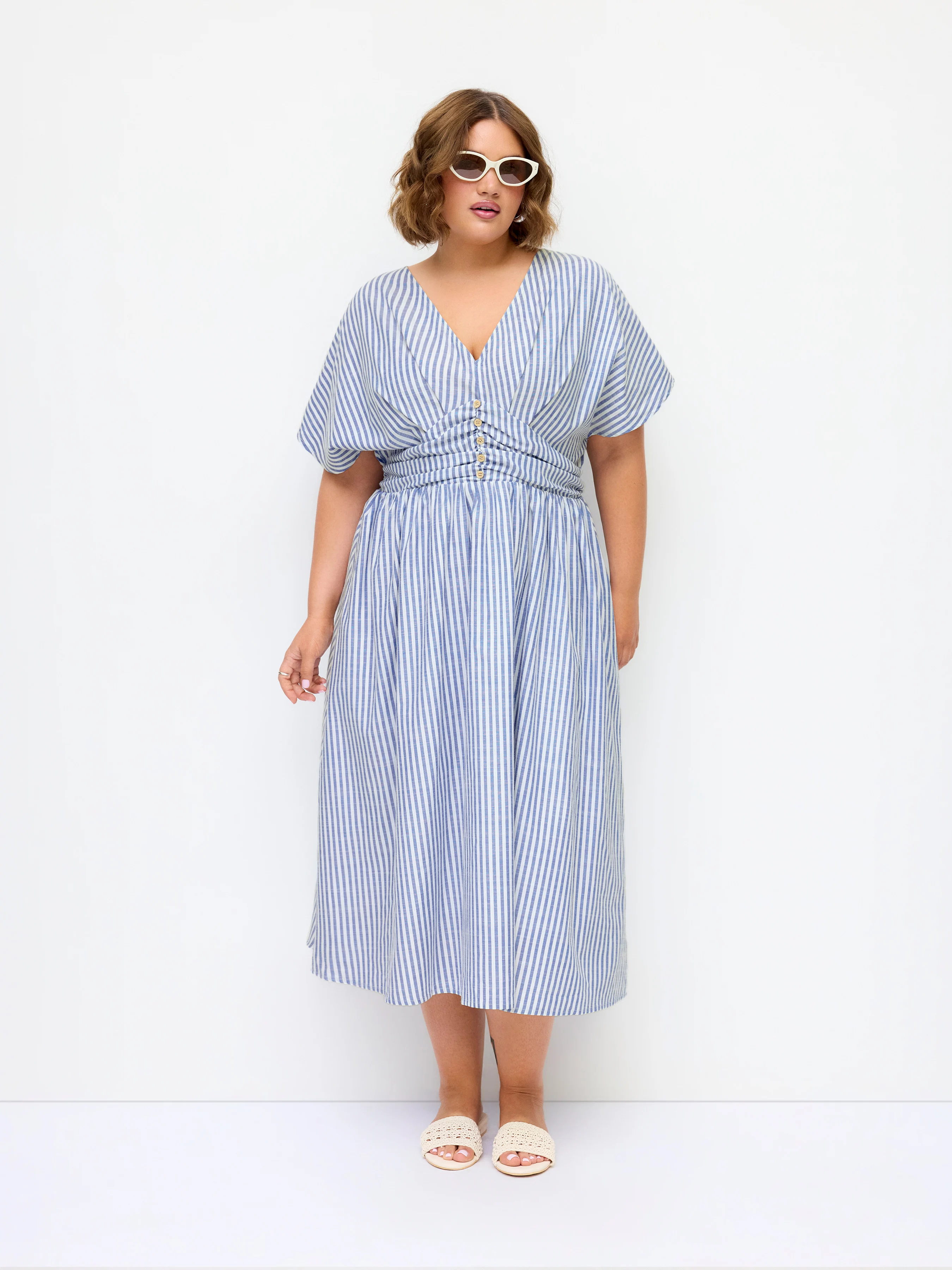 Cotton-blend V-neck Striped Ruched Button Maxi Dress Curve & Plus