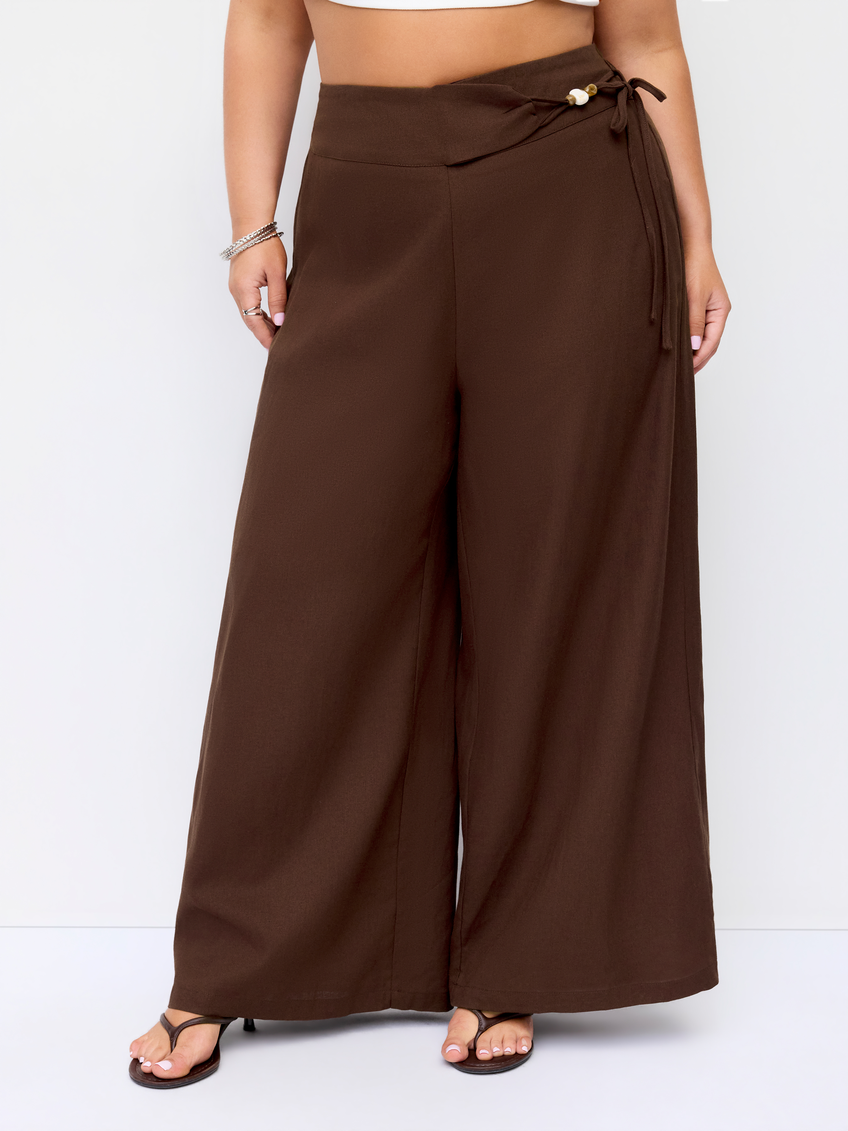 Linen-blend Mid Rise Wrap Wide Leg Trousers Curve & Plus
