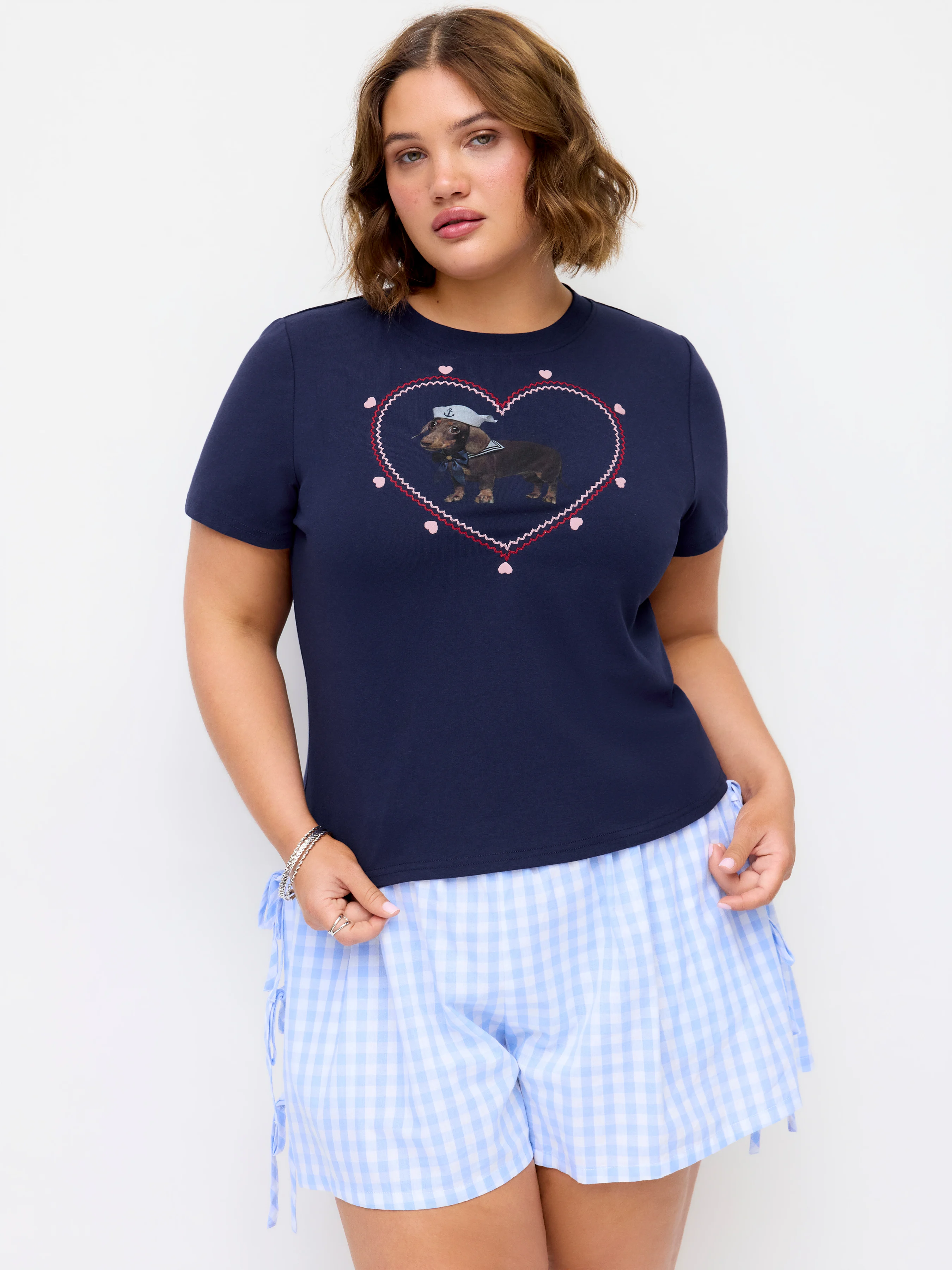 Cotton-blend Heart & Dog Graphic Embroidery Short Sleeve Top Curve & Plus