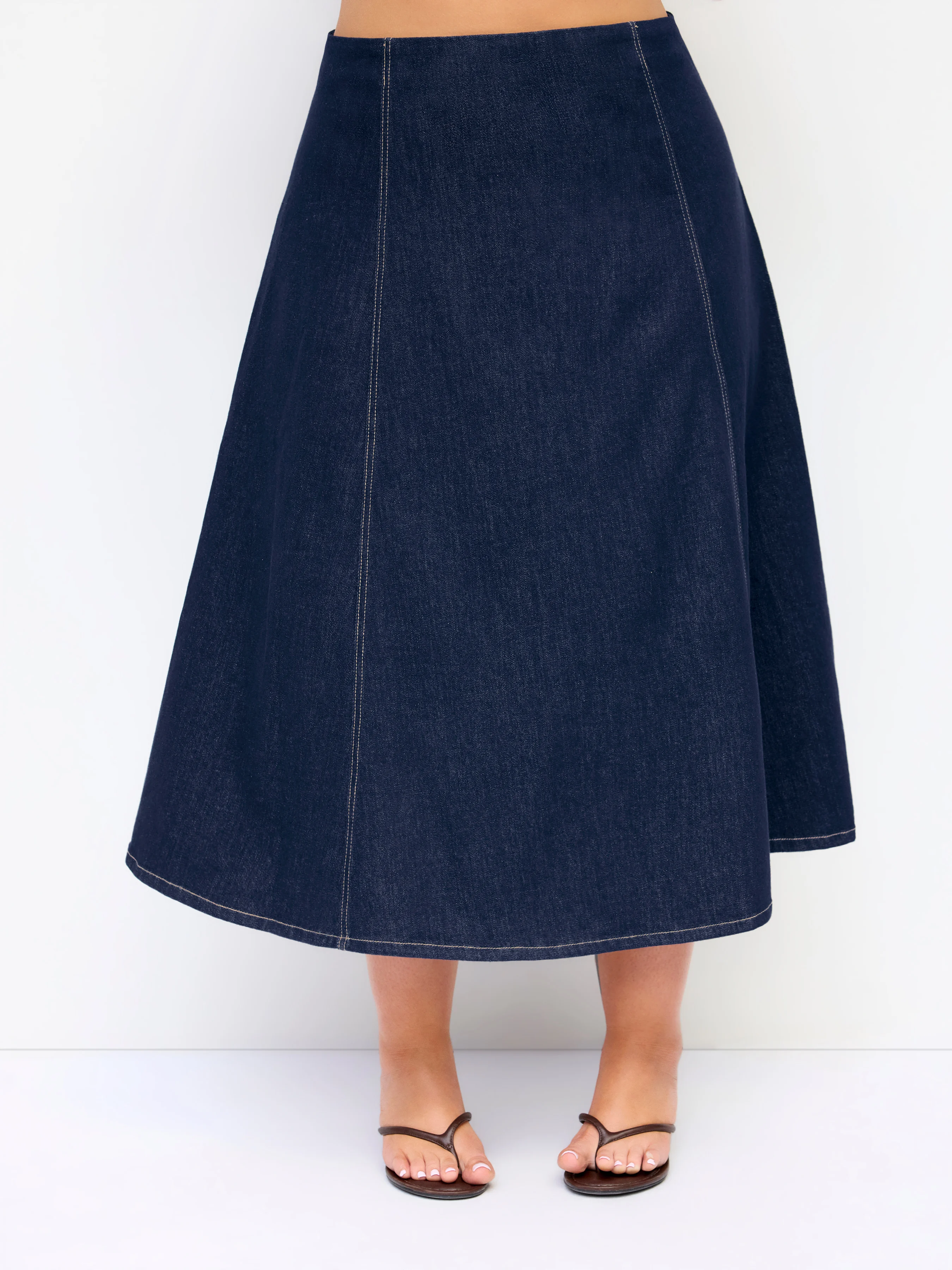 Stretch Denim Washed Mid Rise Oversized Midi A-Line Skirt