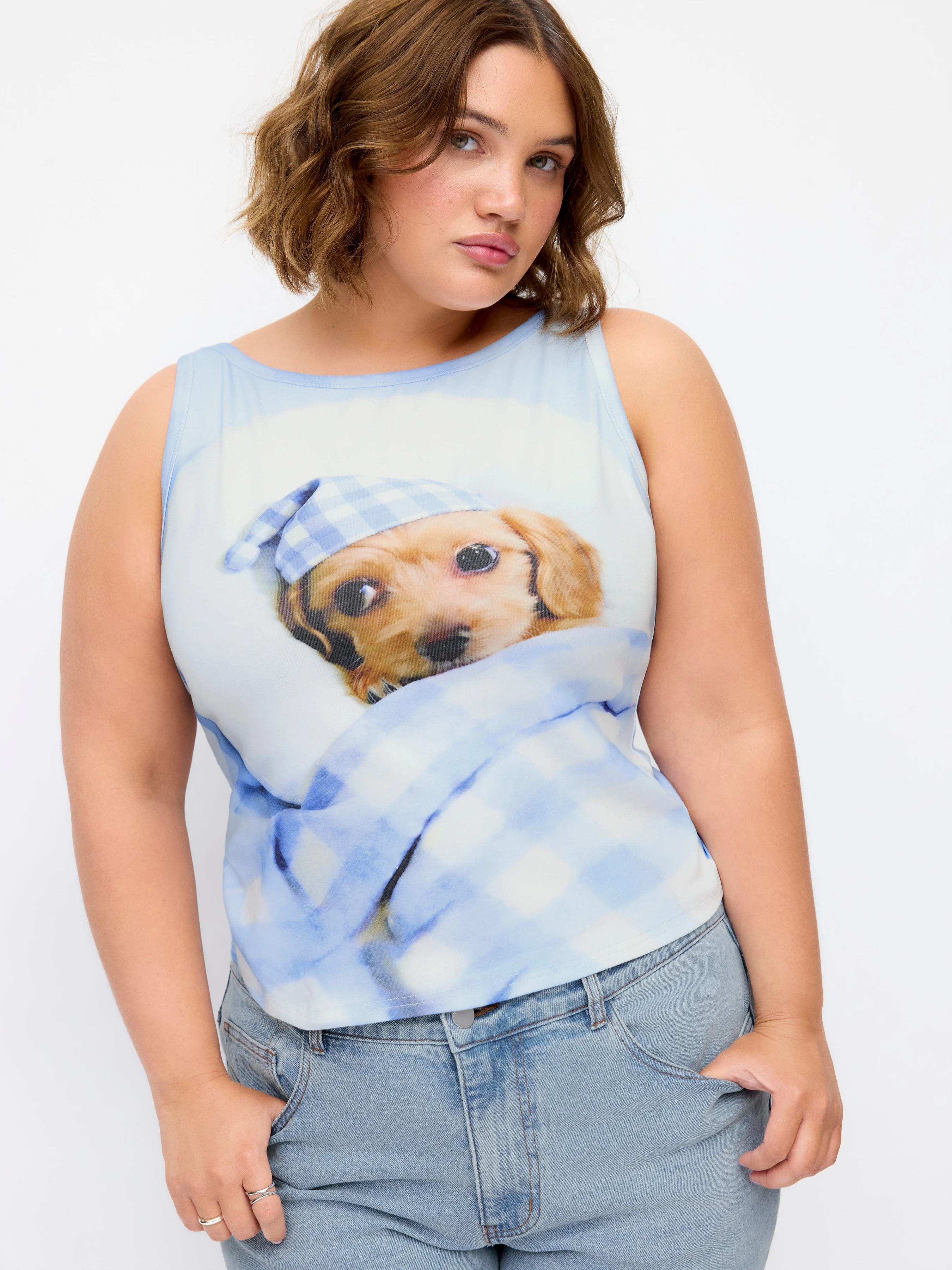 Cotton-blend Dog Graphic Checks Tank Top Curve & Plus