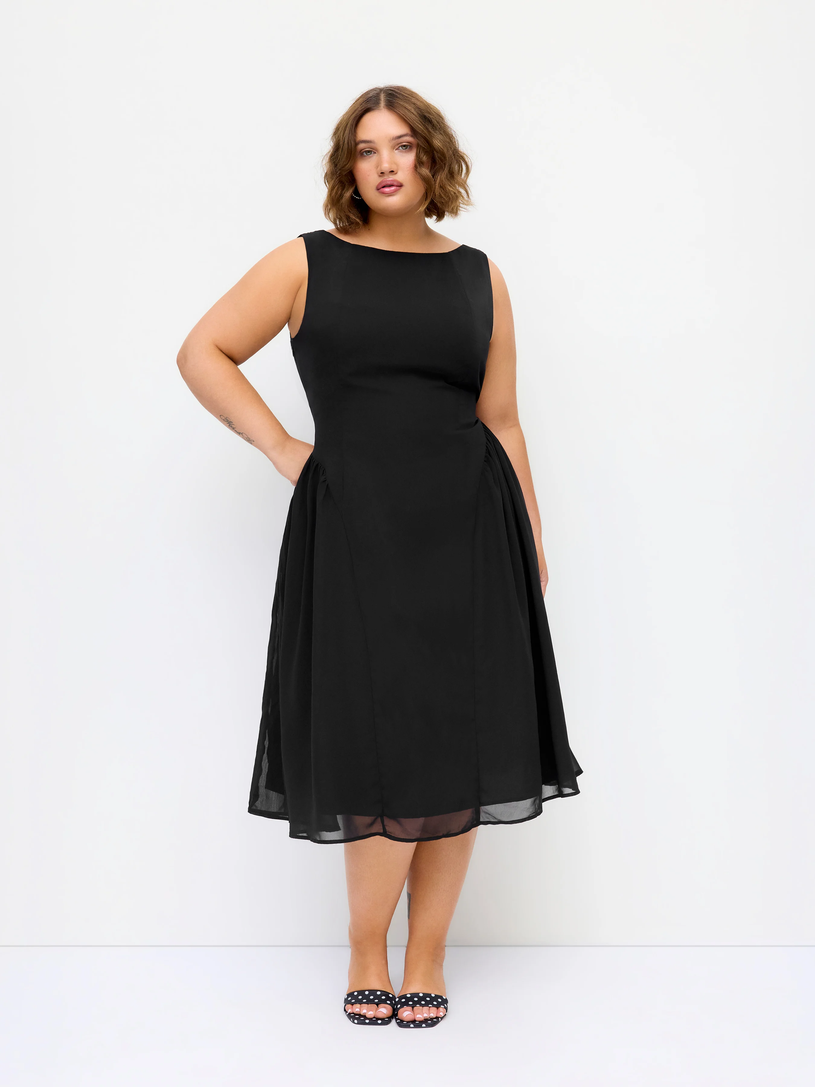 Chiffon Square Neck Draped A-line Midi Dress Curve & Plus