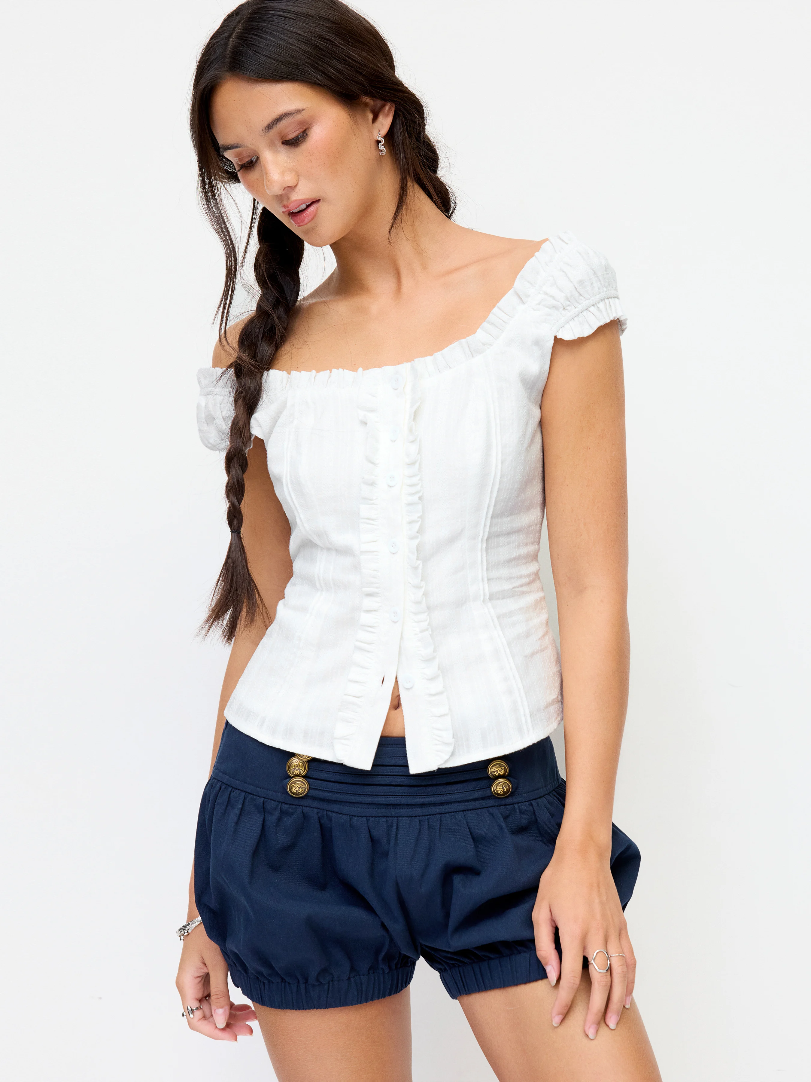 Cotton-blend Square Neck Ruffled Lace-up Corset Blouse