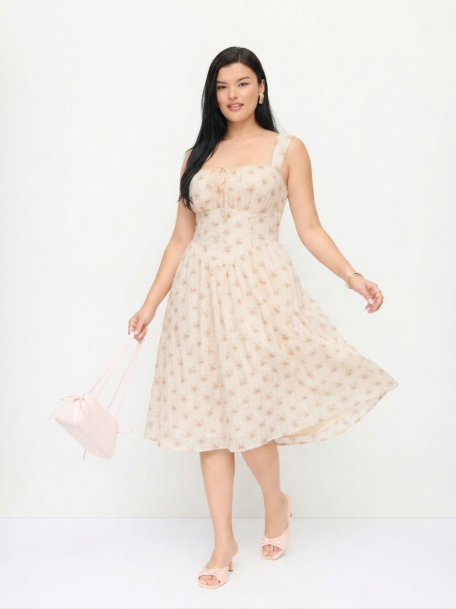 Cotton-blend Sculptural Halter Neckline Ditsy Floral Shirred Aline Midi Dresses Curve & Plus