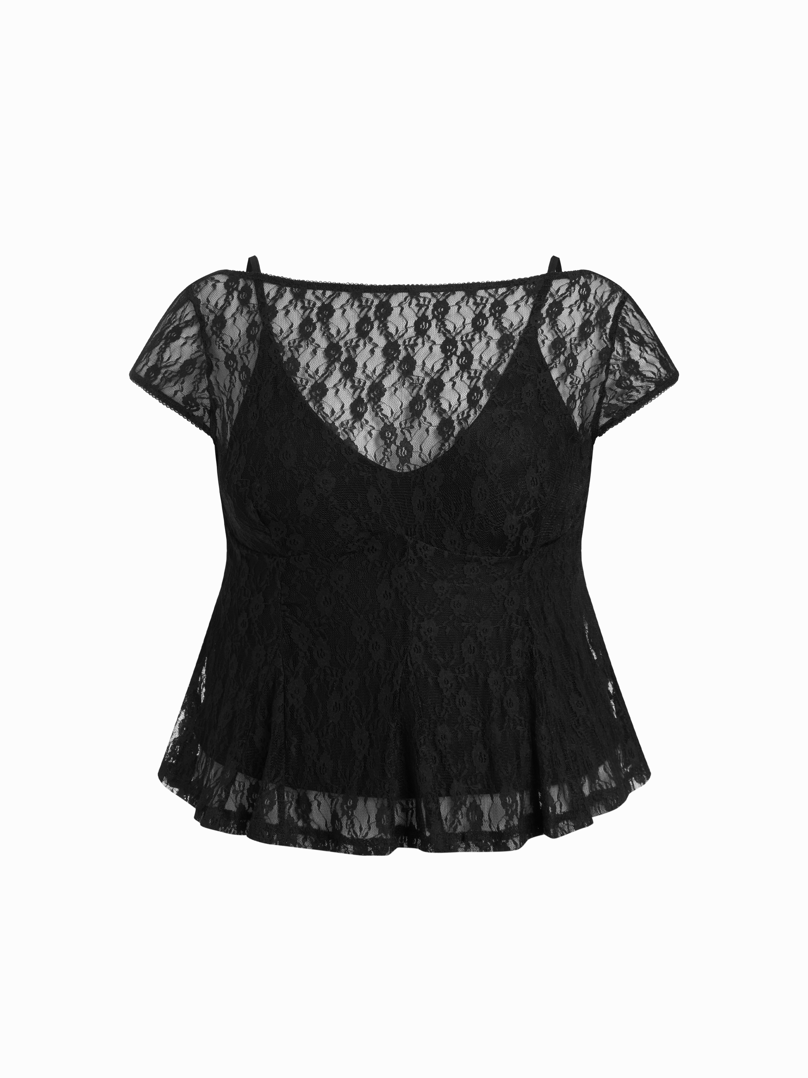 Lace Boat Neck Short Sleeve Backless Blouse & Cami Top Set Curve & Plus