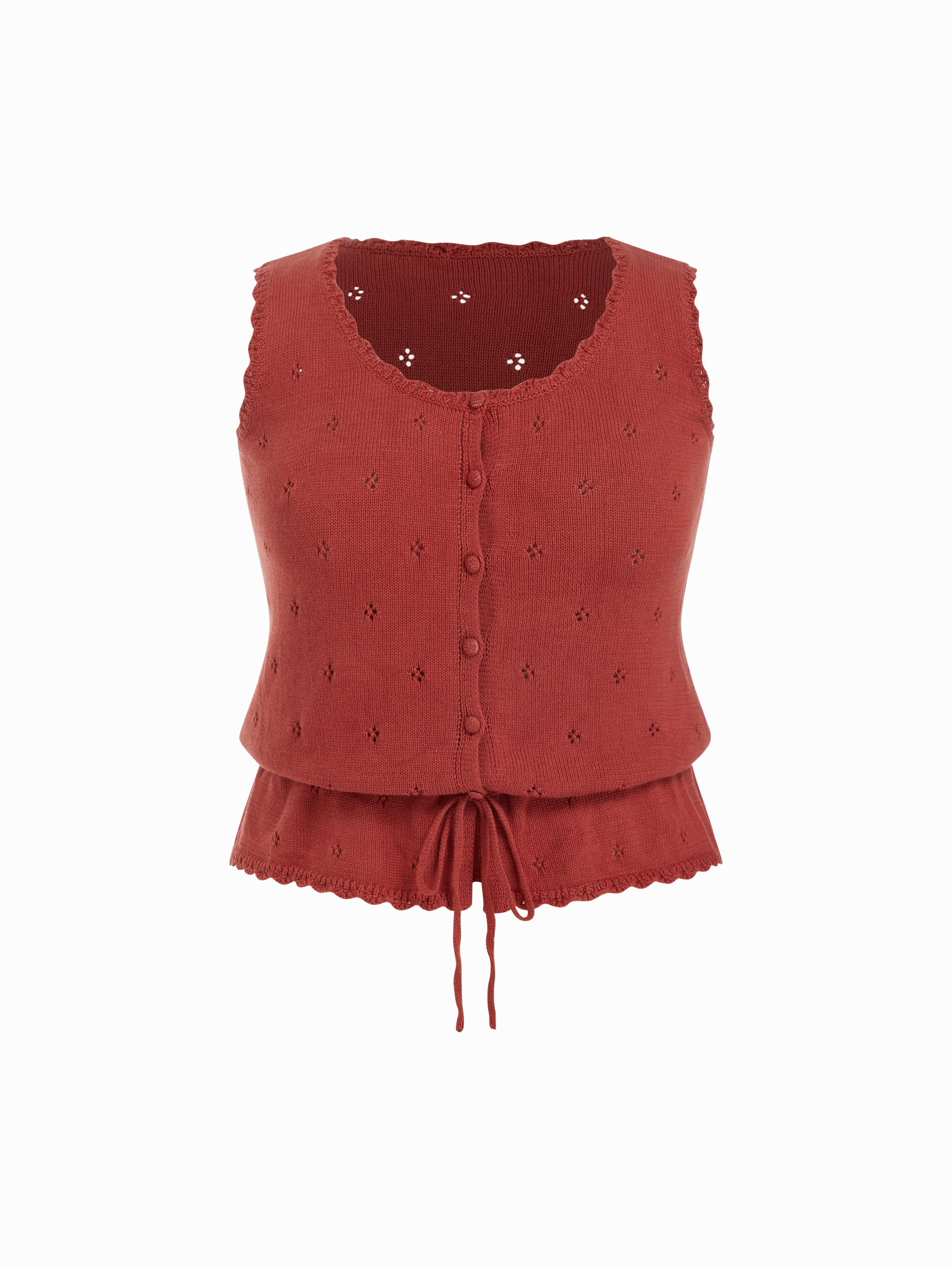 Knit Cotton-blend Pointelle Drawstring Peplum Vest Curve & Plus