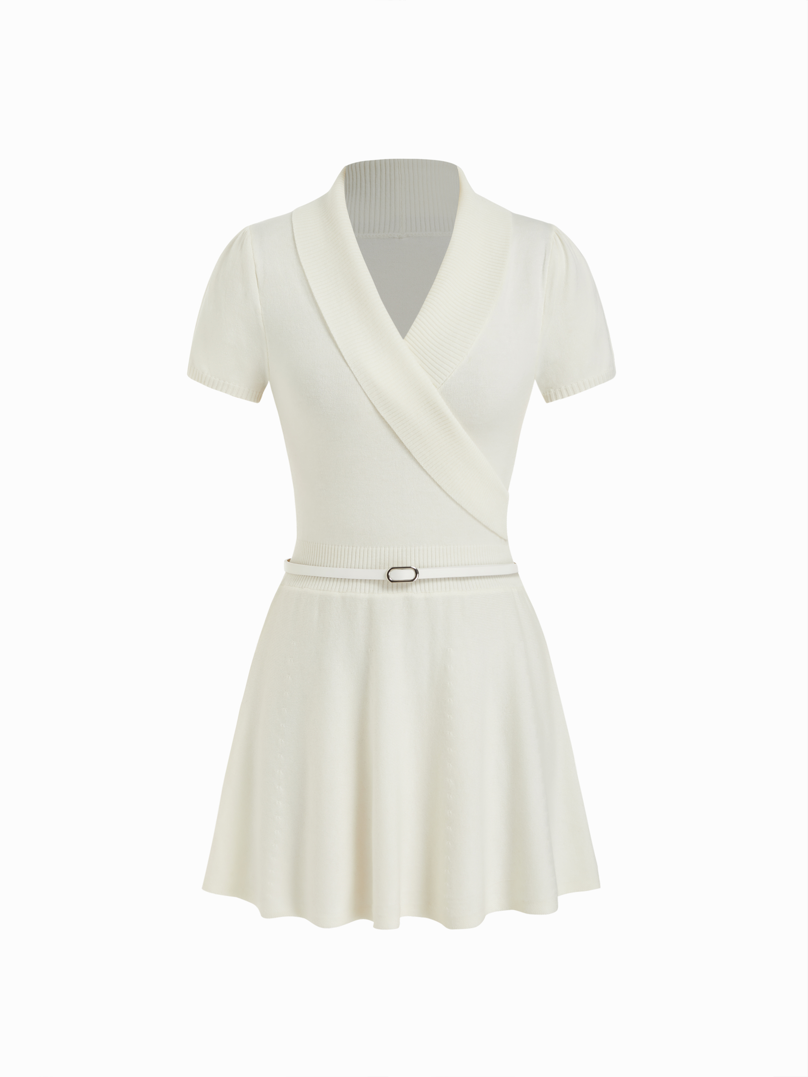 Knit Wool-blend Shawl Neck Short Sleeve A-line Mini Dress With Belt