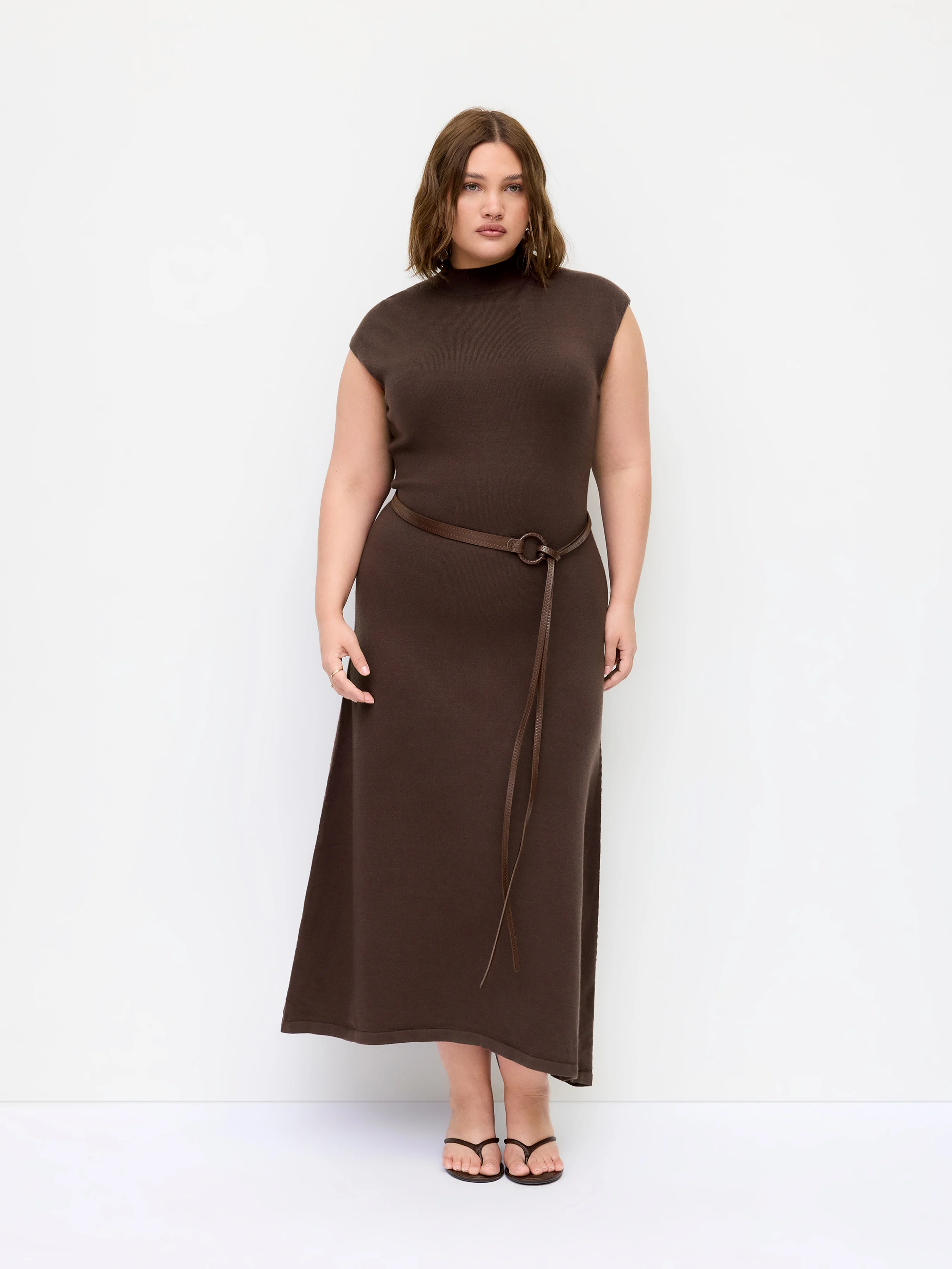 Knit High Neck A-line Maxi Dress With Belt Curve & Plus