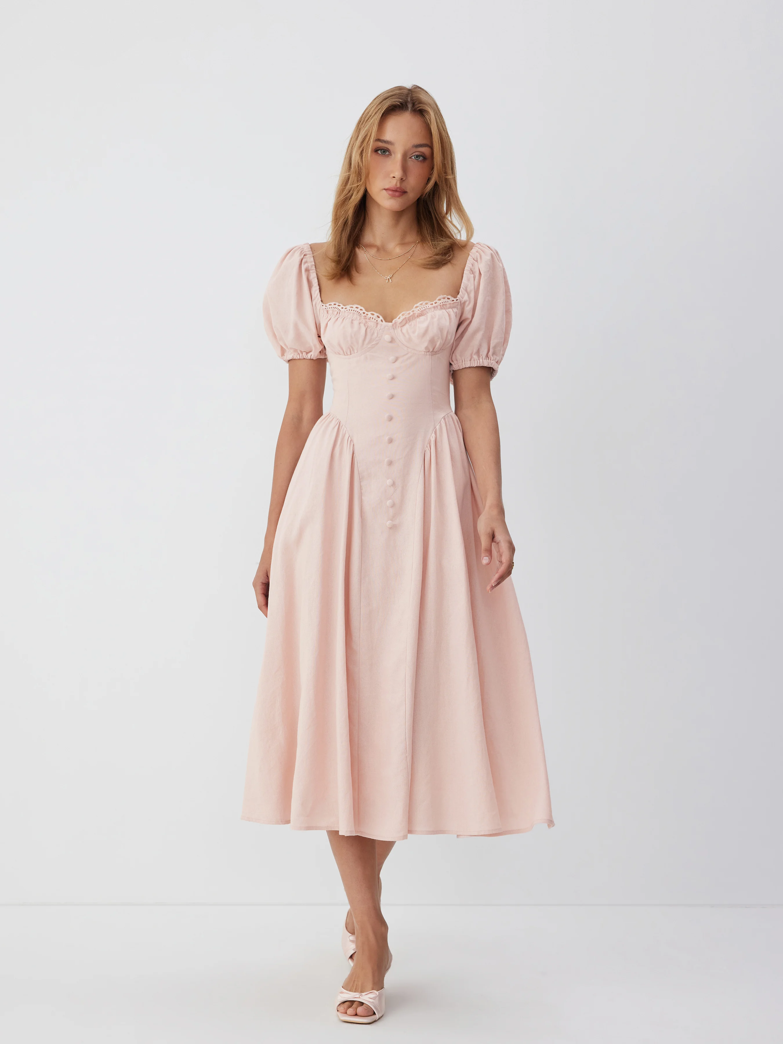 Linen-blend Sweetheart Neck Puff Sleeve Draped Lace Up Milkmaid Maxi Dress