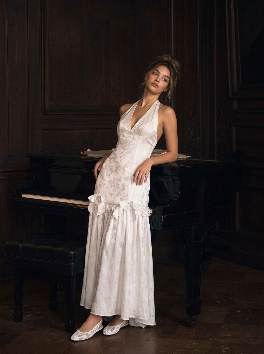Jacquard Satin Halter Neckline Bowknot Mermaid Maxi Dress