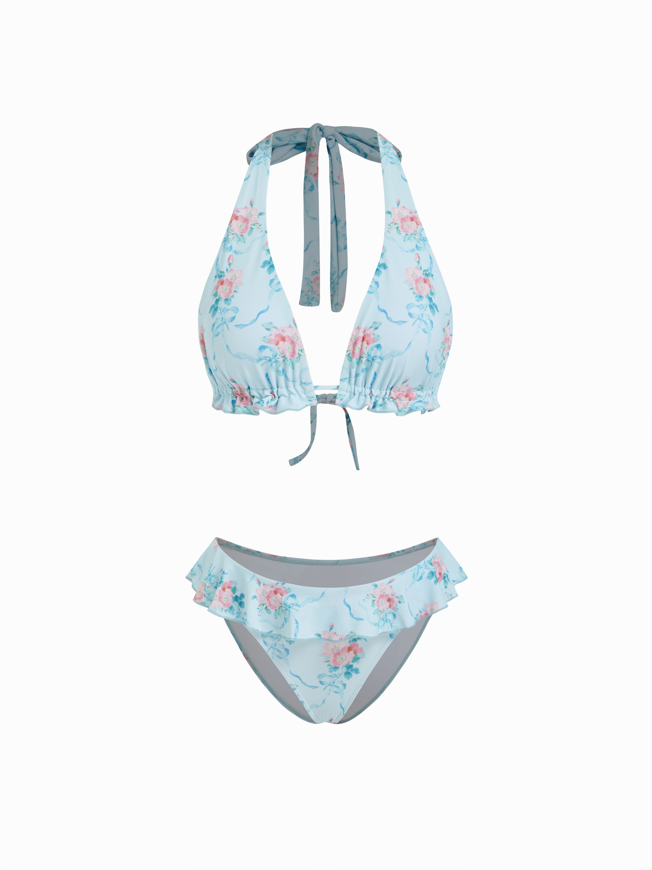 Halter Neckline Floral Ruffled Bikini Set