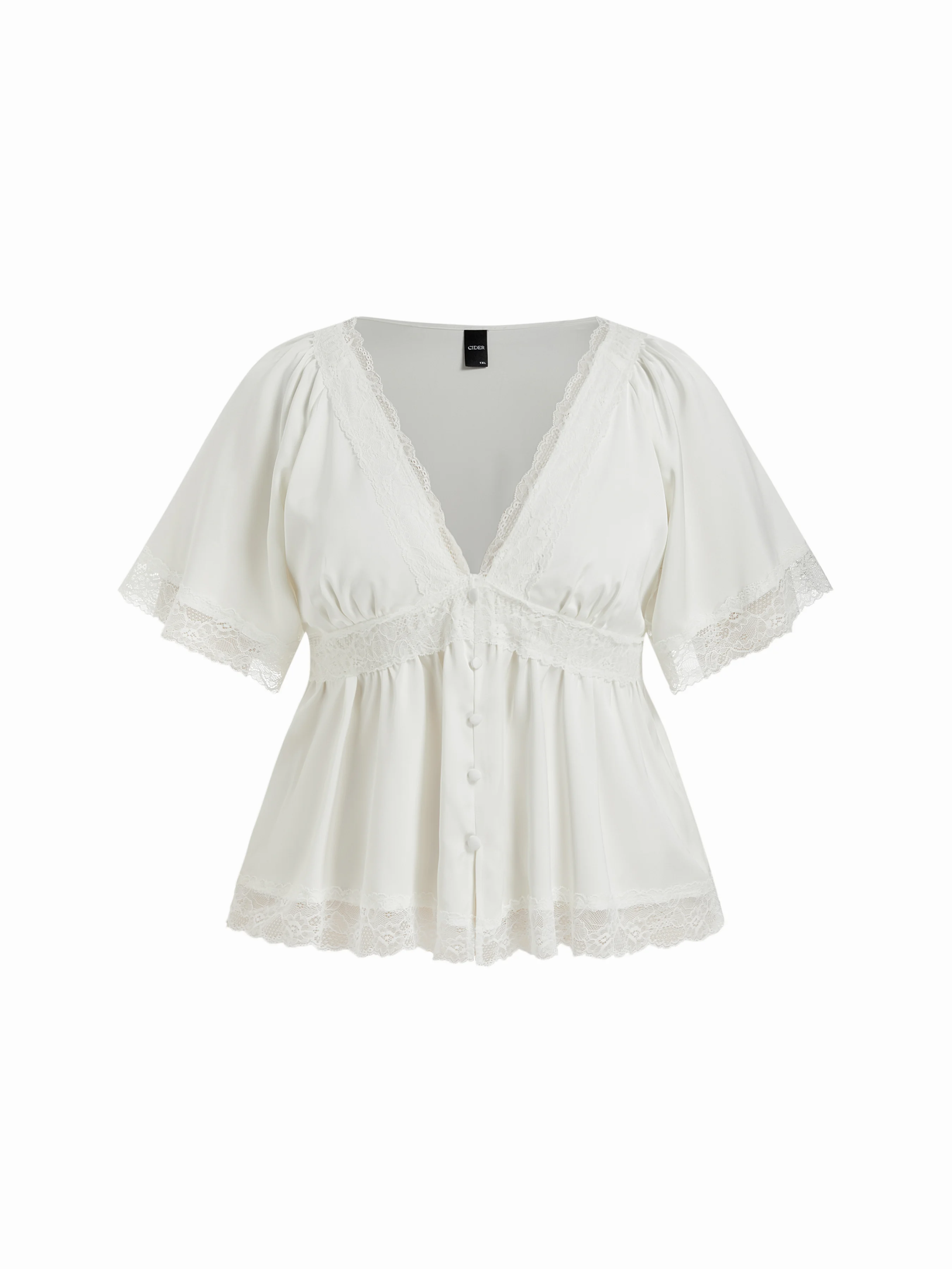 Satin V-Neck Lace Panel Ruffle Sleeve Blouse Curve & Plus