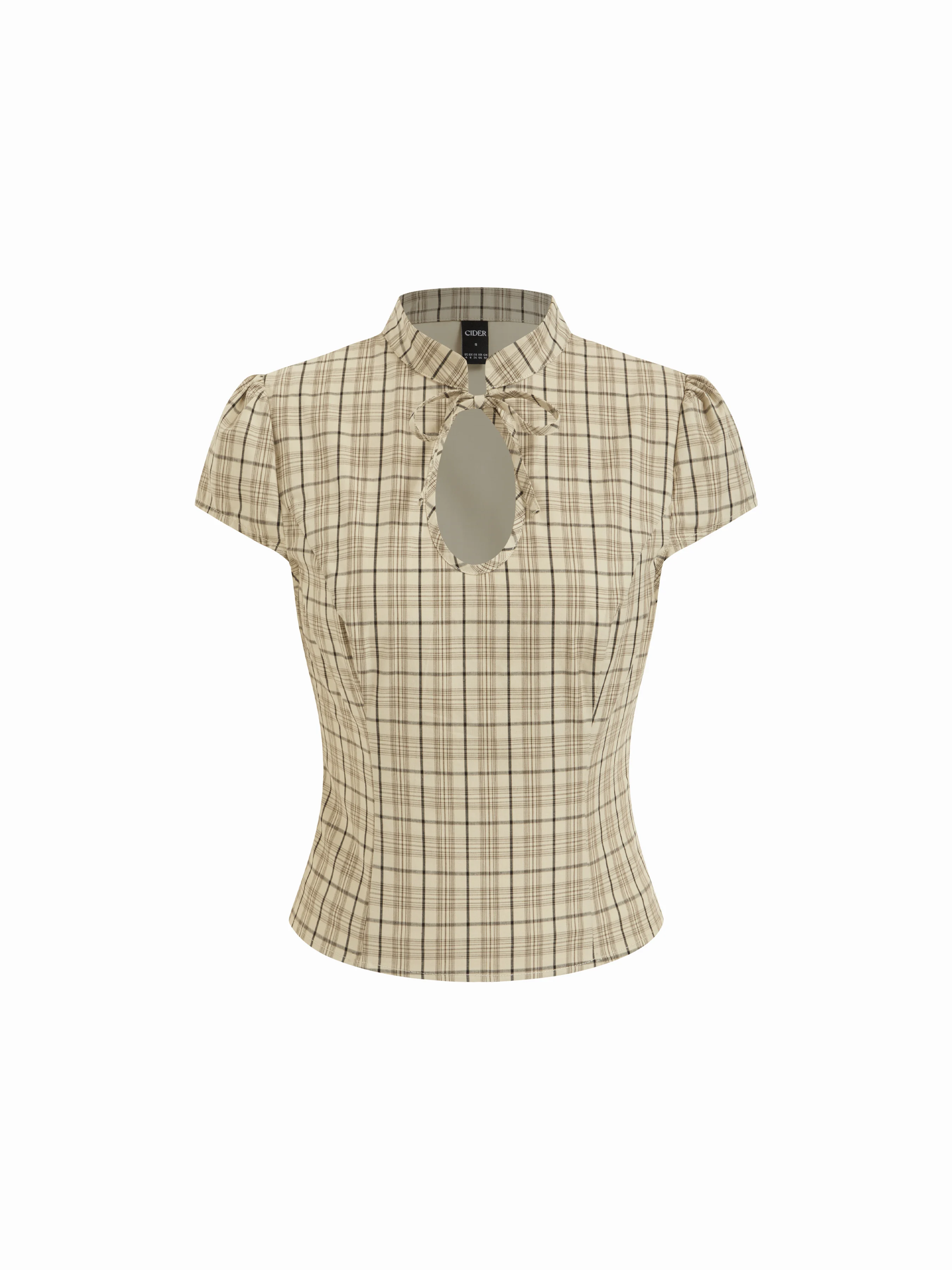 Cotton Gingham Mandarin Collar Puff Sleeve Bowknot Blouse