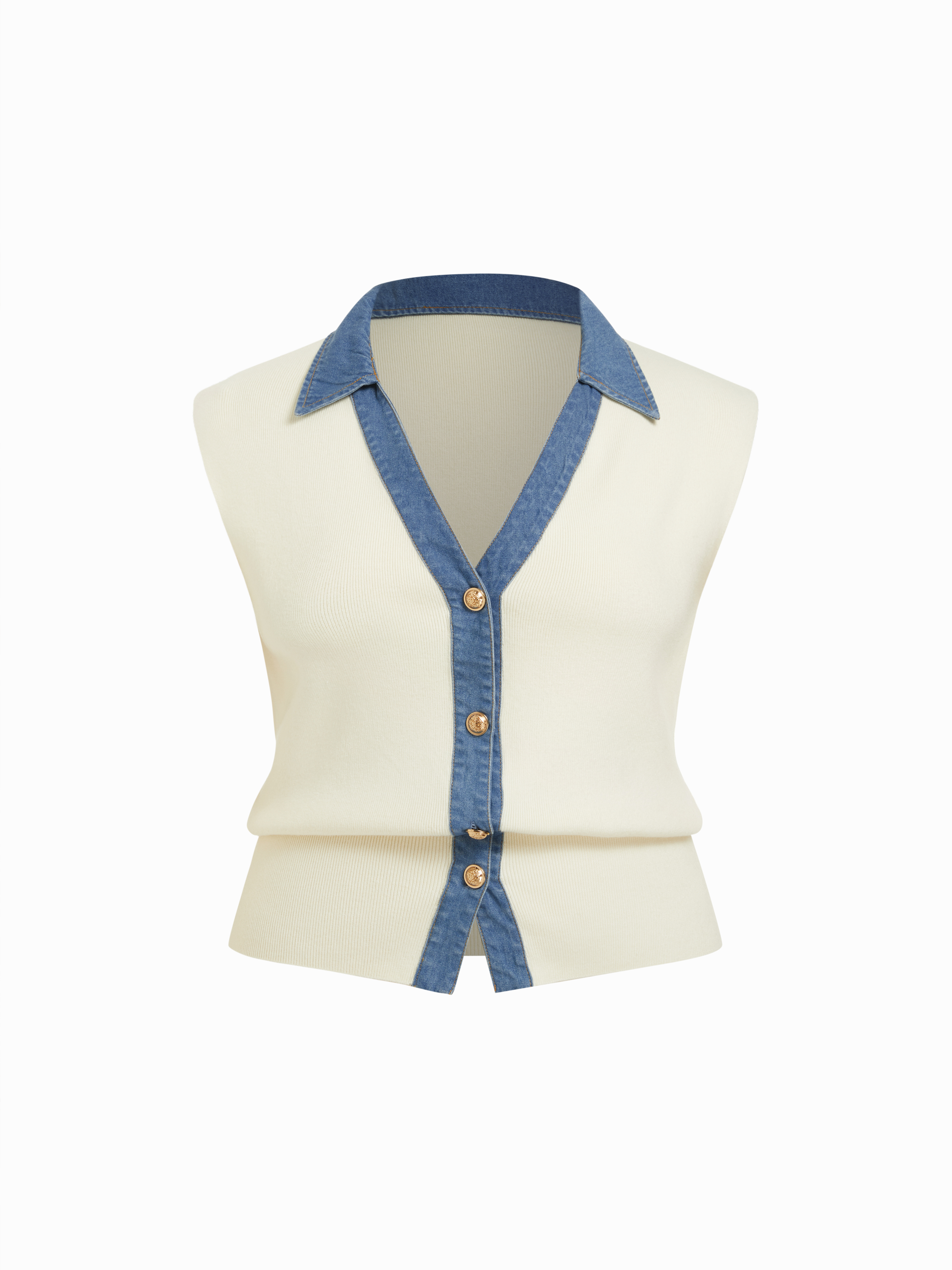 Knit V-Neck Metal Button Denim Contrasting Binding Vest Curve & Plus