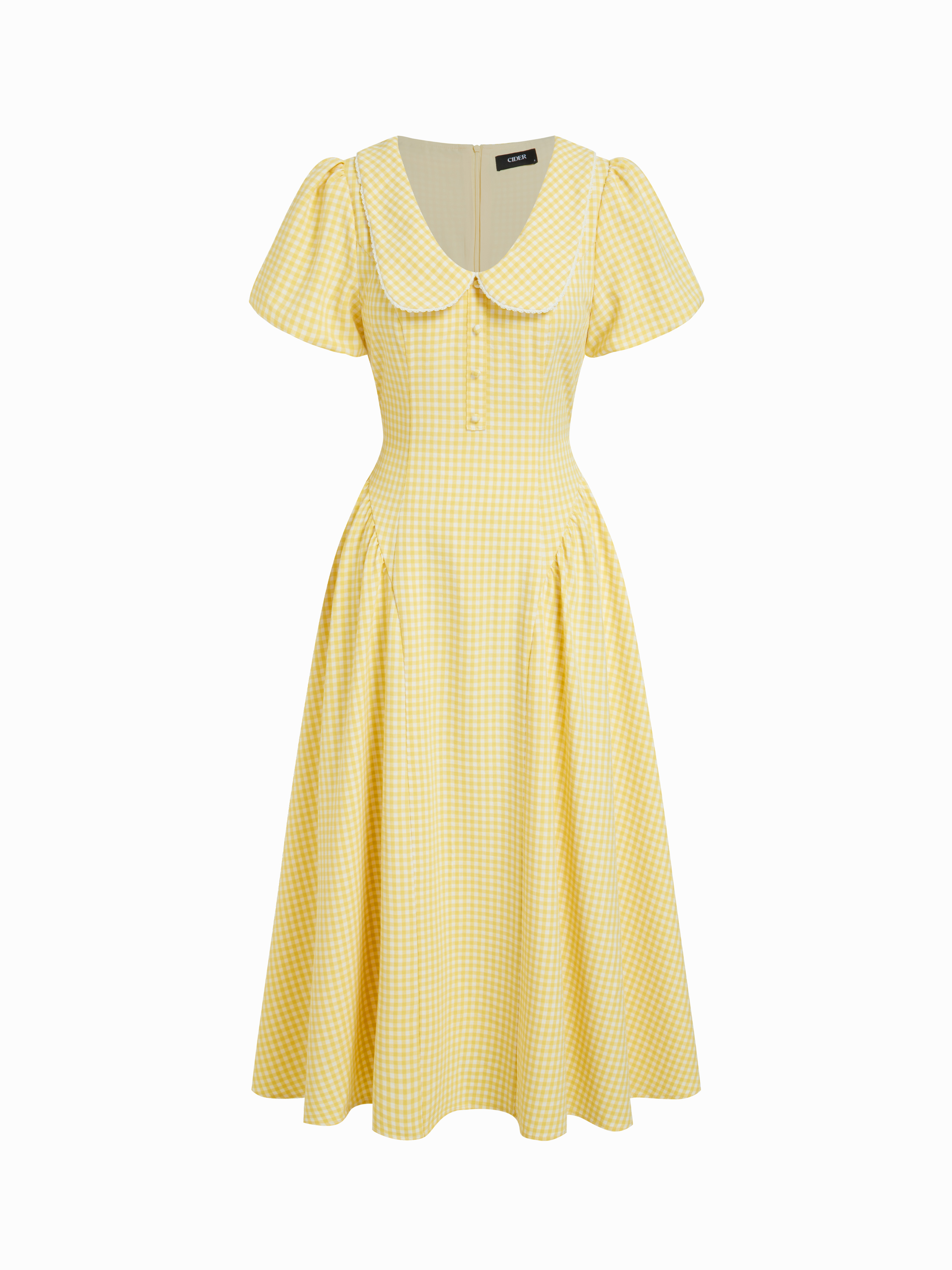 Gingham Peter Pan Collar Puff Sleeve Ruffled Flared Maxi Dress
