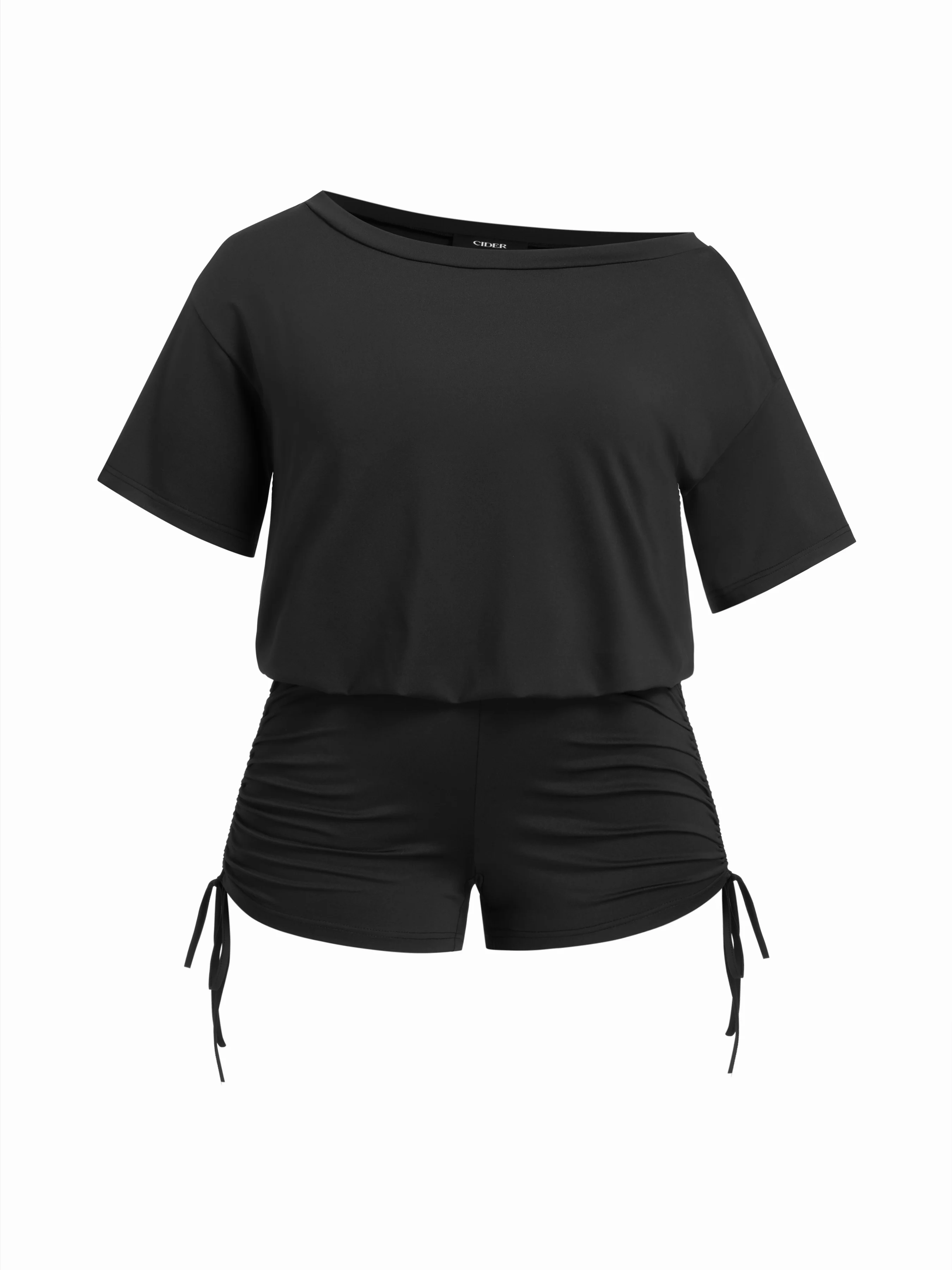 Asymmetrical Neck Drawstring Ruched Romper Curve & Plus