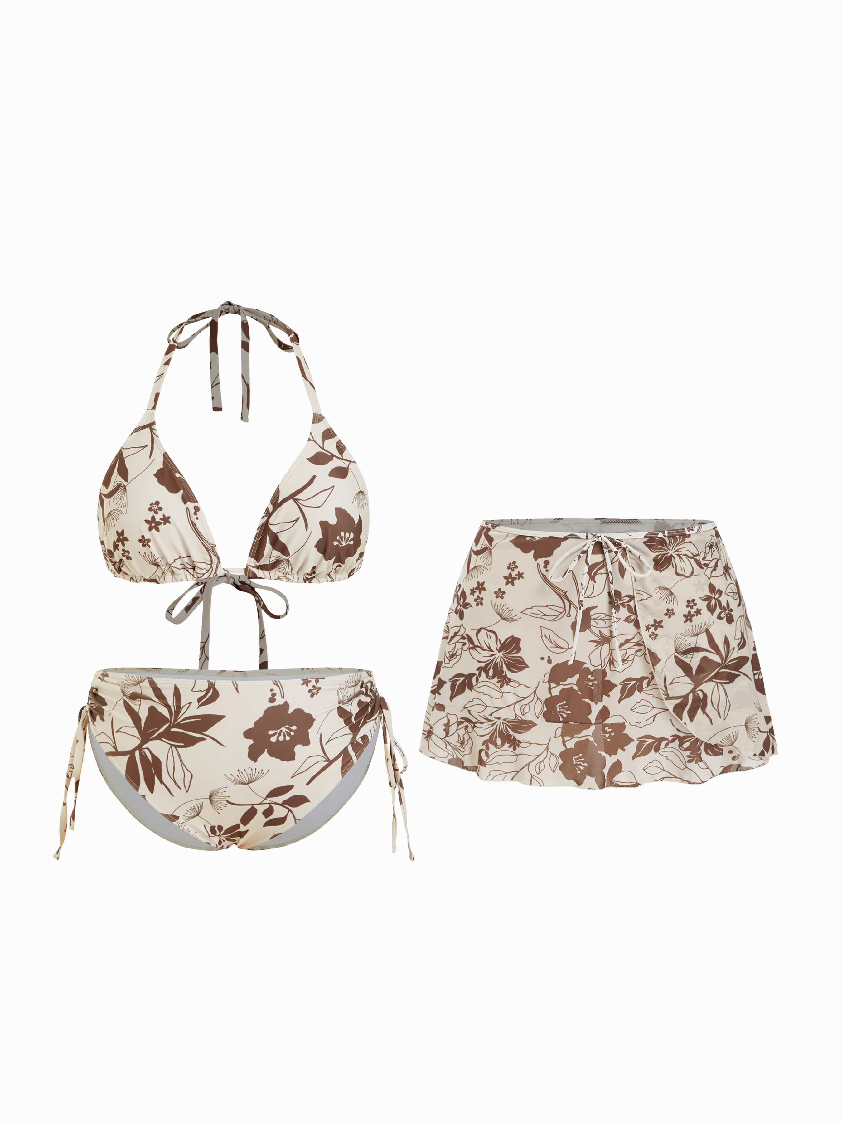 Halter Neckline Floral Triangle Bikini Set With Sarong Curve & Plus